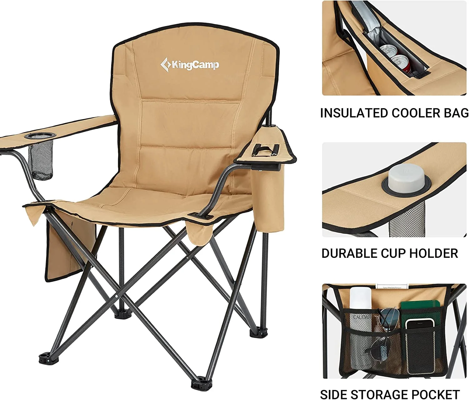 KingCamp Oversized Heavy Duty Outdoor Camping Folding Chair, Ultralight Collapsible Padded Arm Chair Supports 300 lbs,Khaki