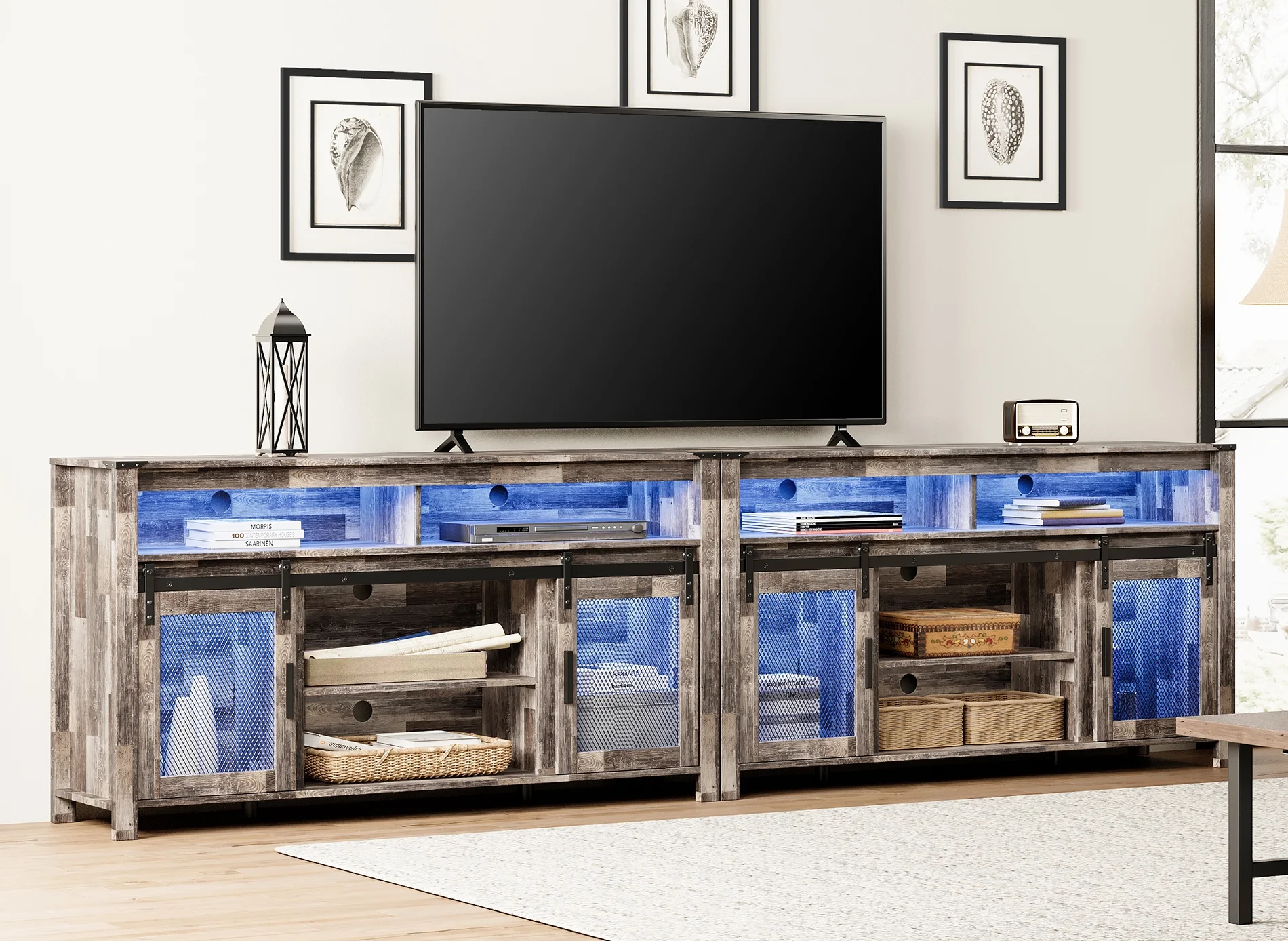 2-In-1 TV Stand for 100+ Inch TV, Farmhouse & Industrial Media Entertainment Center w/Sliding Mesh Doors, Rustic TV Console w/Storage Shelves & Blue LED Lights for Living Room, Rustic White