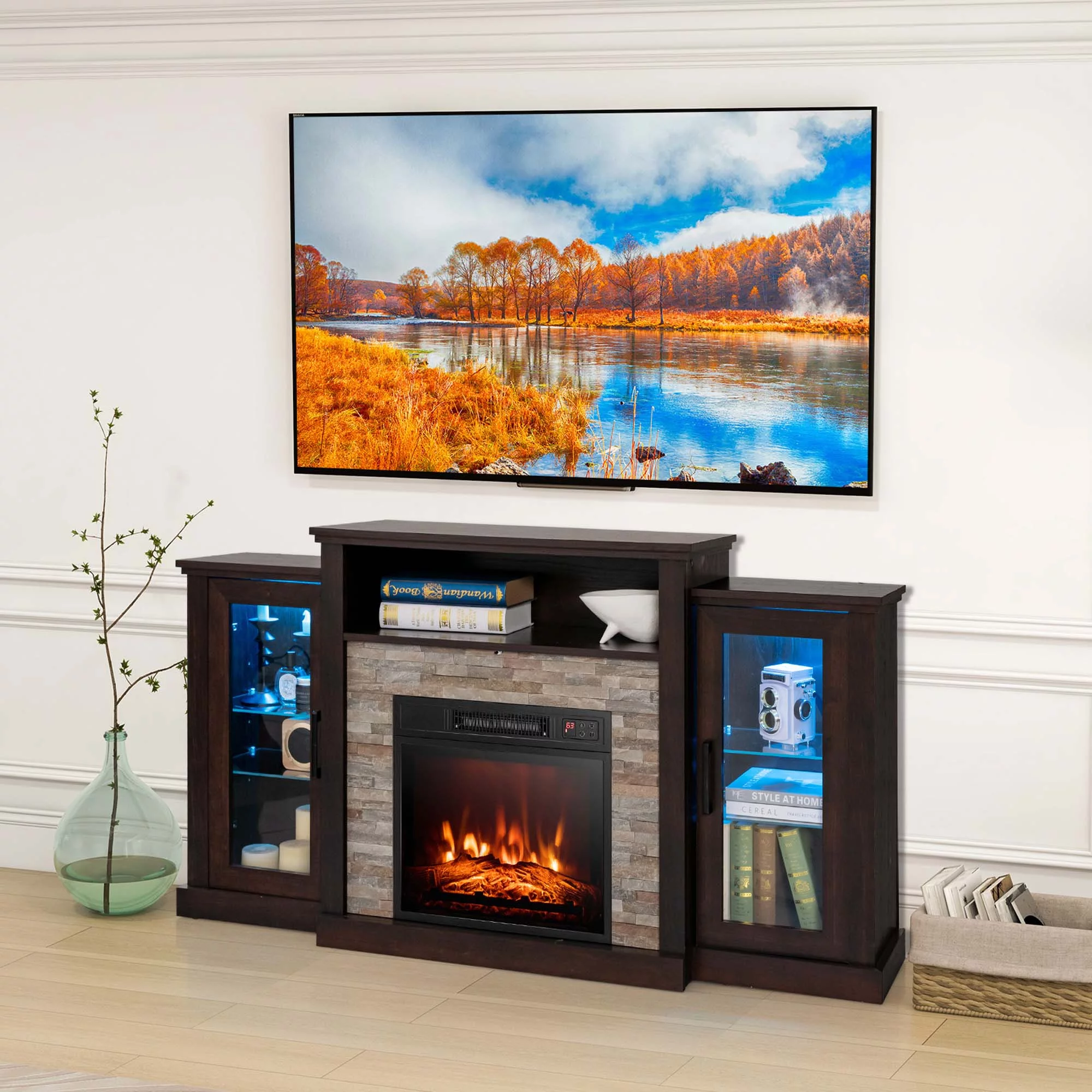 Costway Fireplace TV Stand with Led Lights & 18'' Electric Fireplace For 65' Wall-Mounted TV Dark Brown