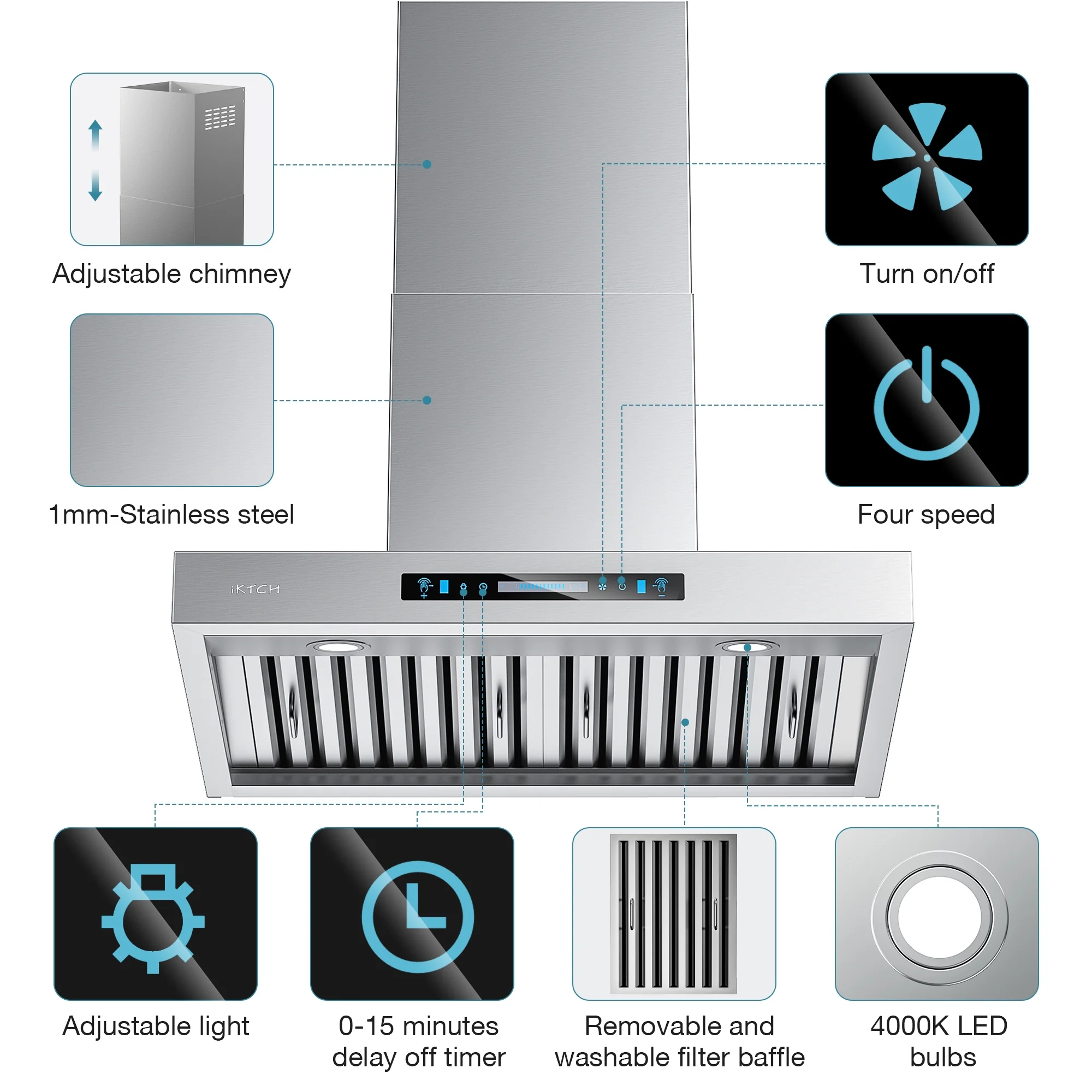 IKTCH 36'Wall Mount Range Hoods, 900 CFM Ducted/Ductless Range Hood with 4 Speed Fan, Durable Stainless Steel Range Hood 36 inch with Gesture Sensing & Touch Control Making life Smarter IKP01-36