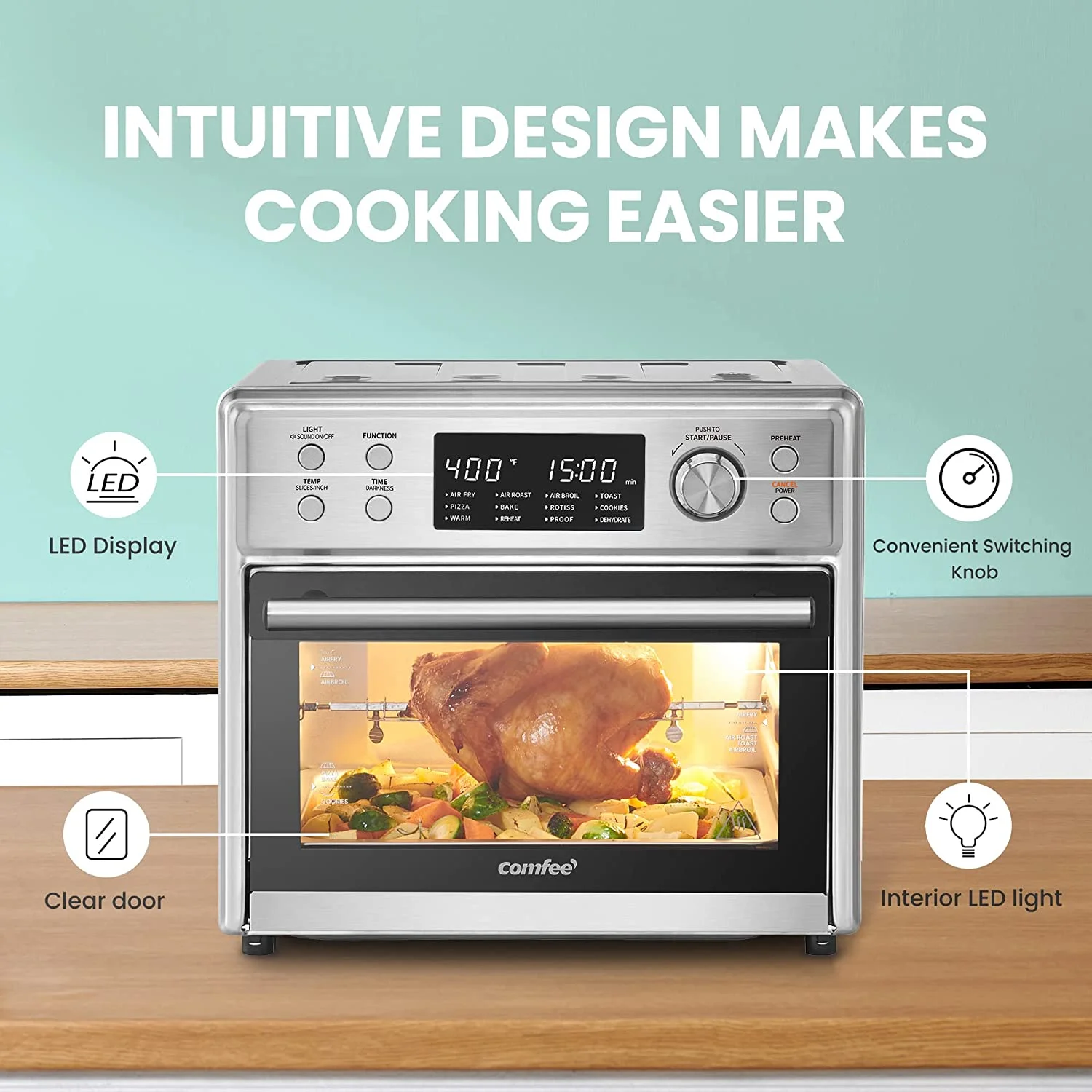 COMFEE' 12-in-1 Air Fryer Toaster Oven Combo, 6 Slice 12'' Pizza Countertop Convection Oven with Rotisserie, Precise Temperature Control, 26.4 QT Large Capacity, 6 Accessories, Stainless Steel