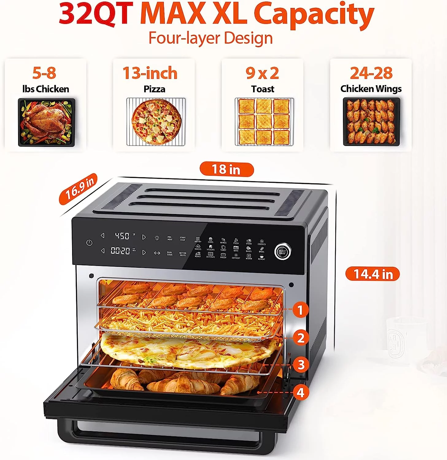 Aeitto? 32-Quart PRO Large Air Fryer Oven, Rotisserie Oven with Dehydrator and Full Accessor, Toaster Oven Combo | with Rotisserie, | 19-In-1 Digital Airfryer | Fit 13' Pizza, 9pcs Toast, 1800w, Black