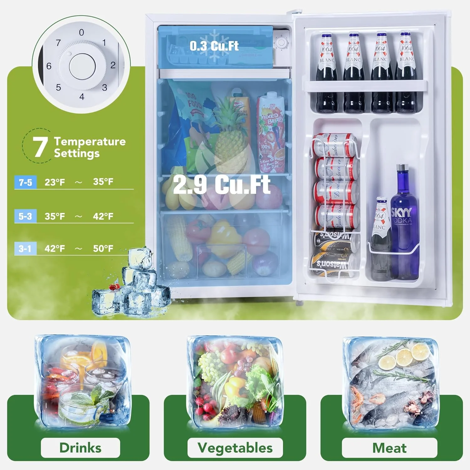 3.2 Cu.Ft Mini Fridge for Bedroom Office, Mini Fridge with Freezer, Mini Small Refrigerator with Adjustable Thermostat, Low Noise, Energy Saving, White
