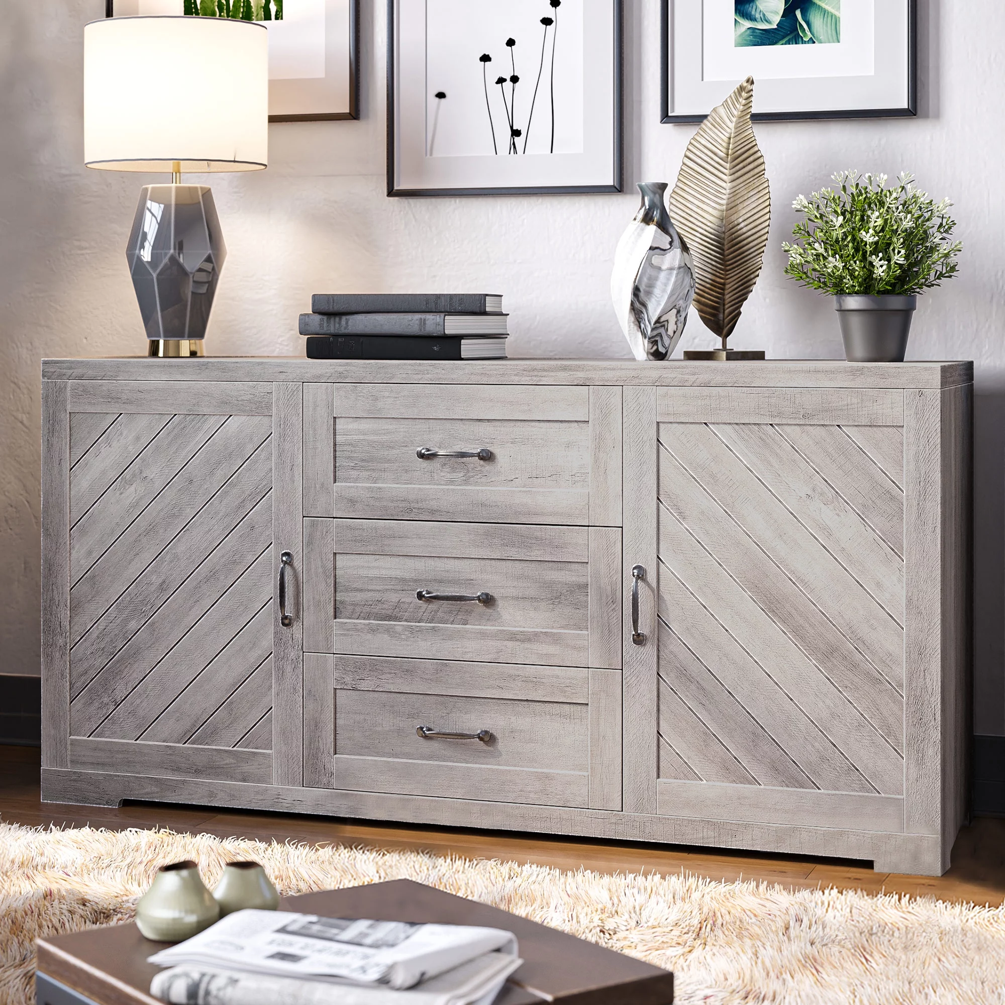 BELLEZE Modern Farmhouse Sideboard, Console Table Or Buffet With Three Drawers & Four Shelves, Space Saving Media Storage Cabinet, Holds Up To 70lbs - Hilo (Espresso)