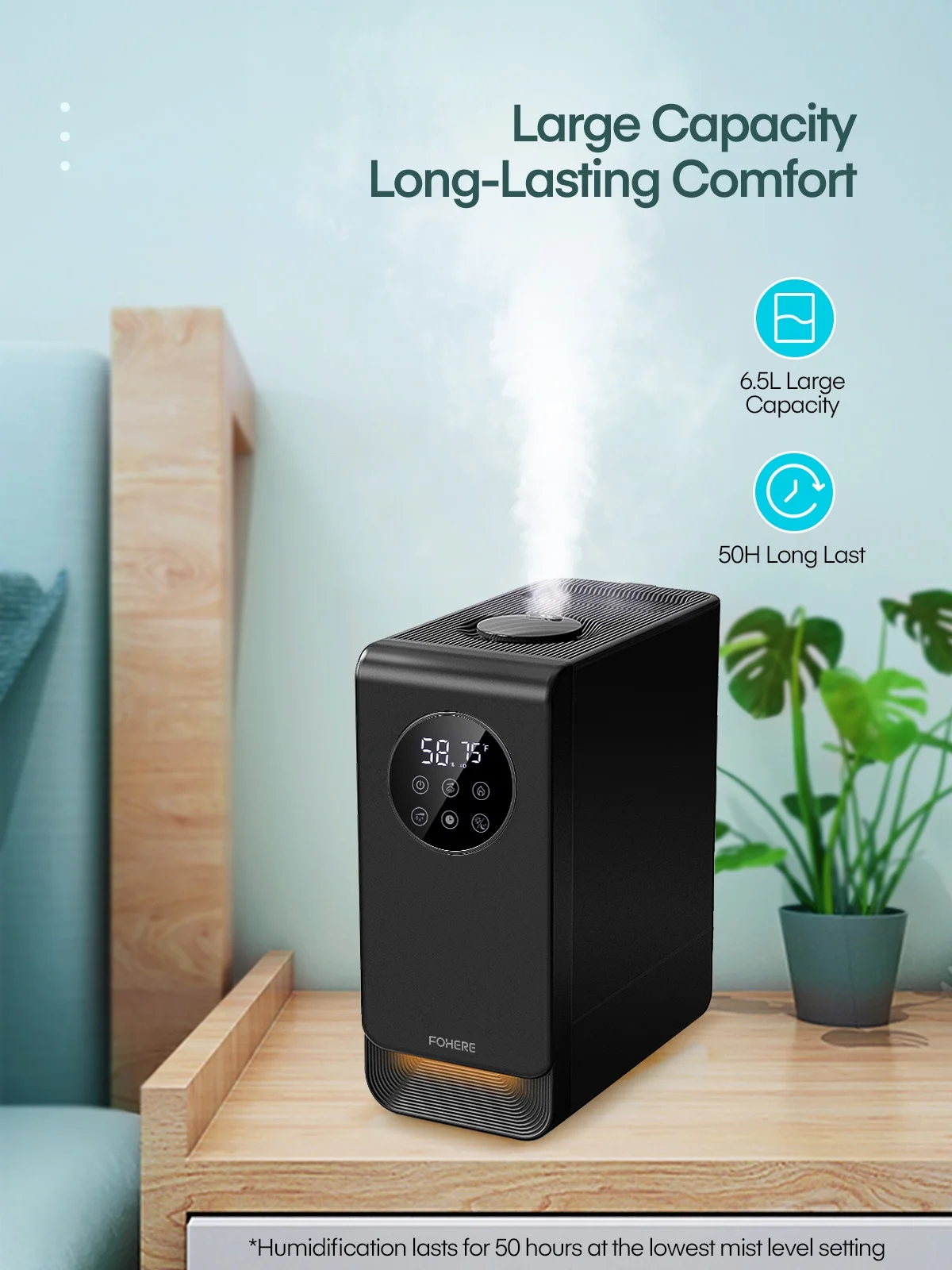 FOHERE 6.5L Warm and Cool Mist Humidifiers for Bedroom, Easy Top Fill Ultrasonic Humidifier, Essential Oil Diffuser, Night Light, Timer, Filterless, Quiet, Black