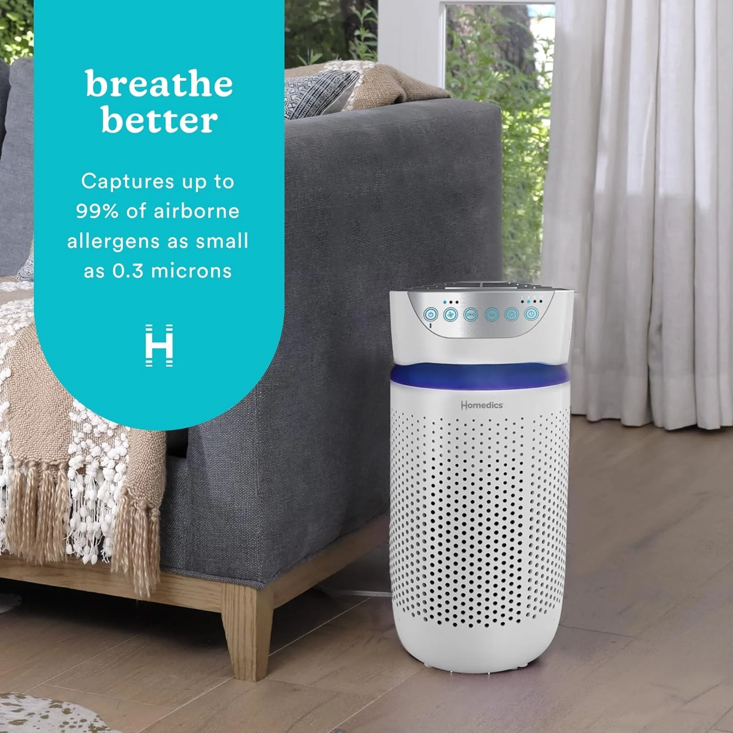 Homedics Air Purifier, UV-C Light Eliminates 99.99% of Viruses & Bacteria, True HEPA Filter Removes allergens, pollutants, Mold, Odors, Medium Rooms,(White)