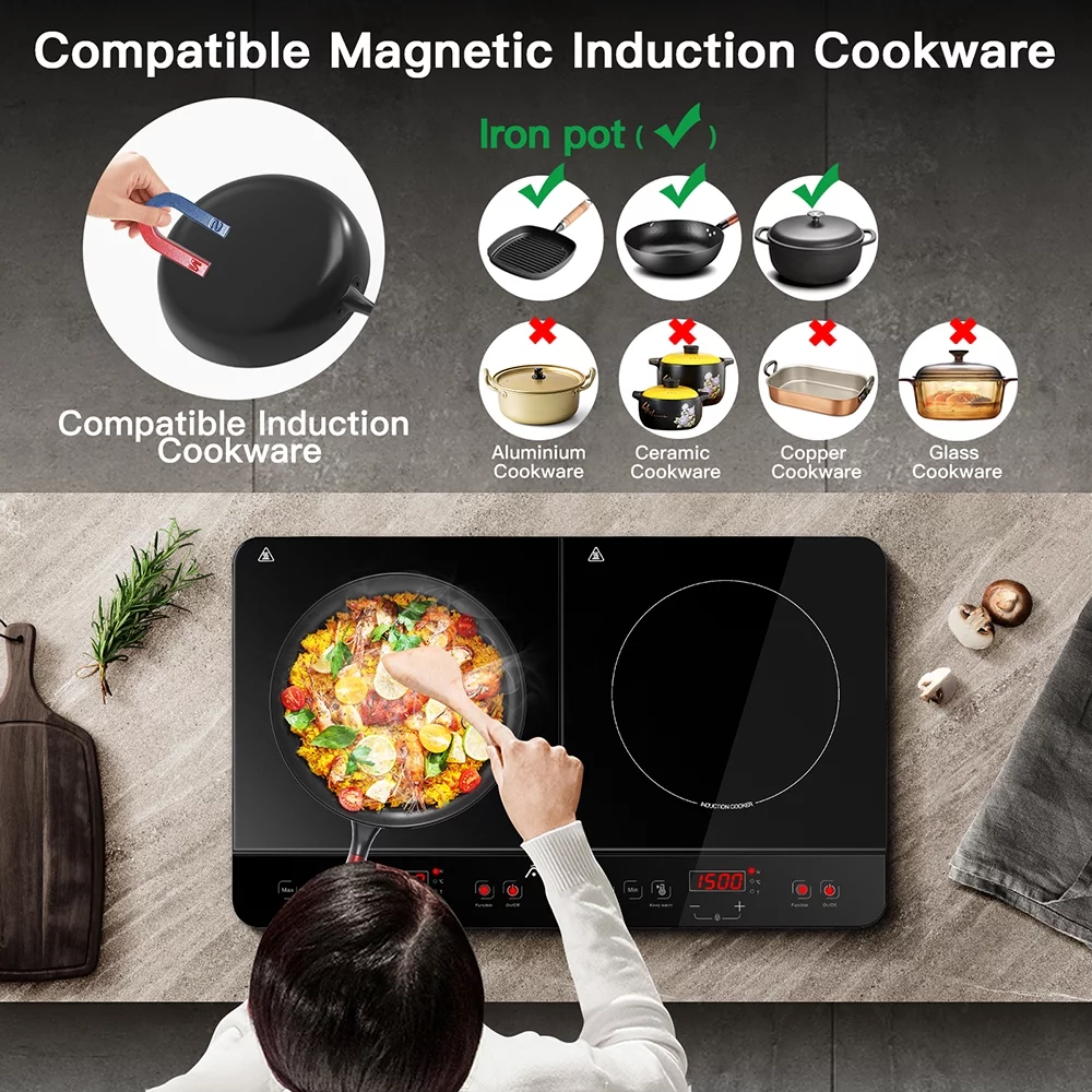 Aobosi 1800W Double Electric Induction Cooktop Stovetop Sensor Touch with 2 Burners 10 Power Levels Child lock & Timer for 4-10' Pot Fast Cooking