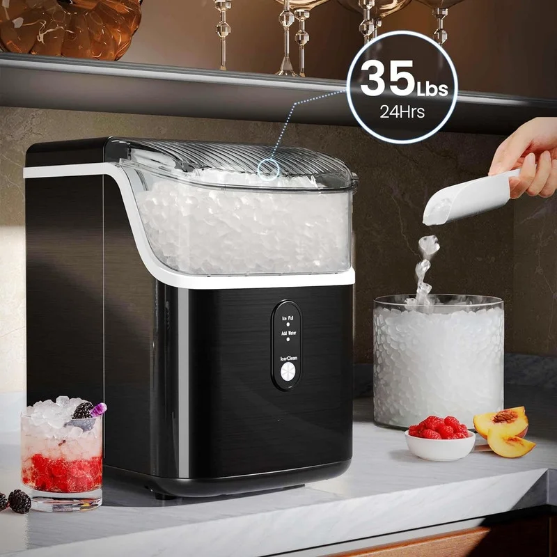 Ice Makers Countertop 35lbs/Day Pebble Ice Maker Machine with Sonic Ice, with Ice Scoop and Ice Basket for Home & Kitchen (Black)