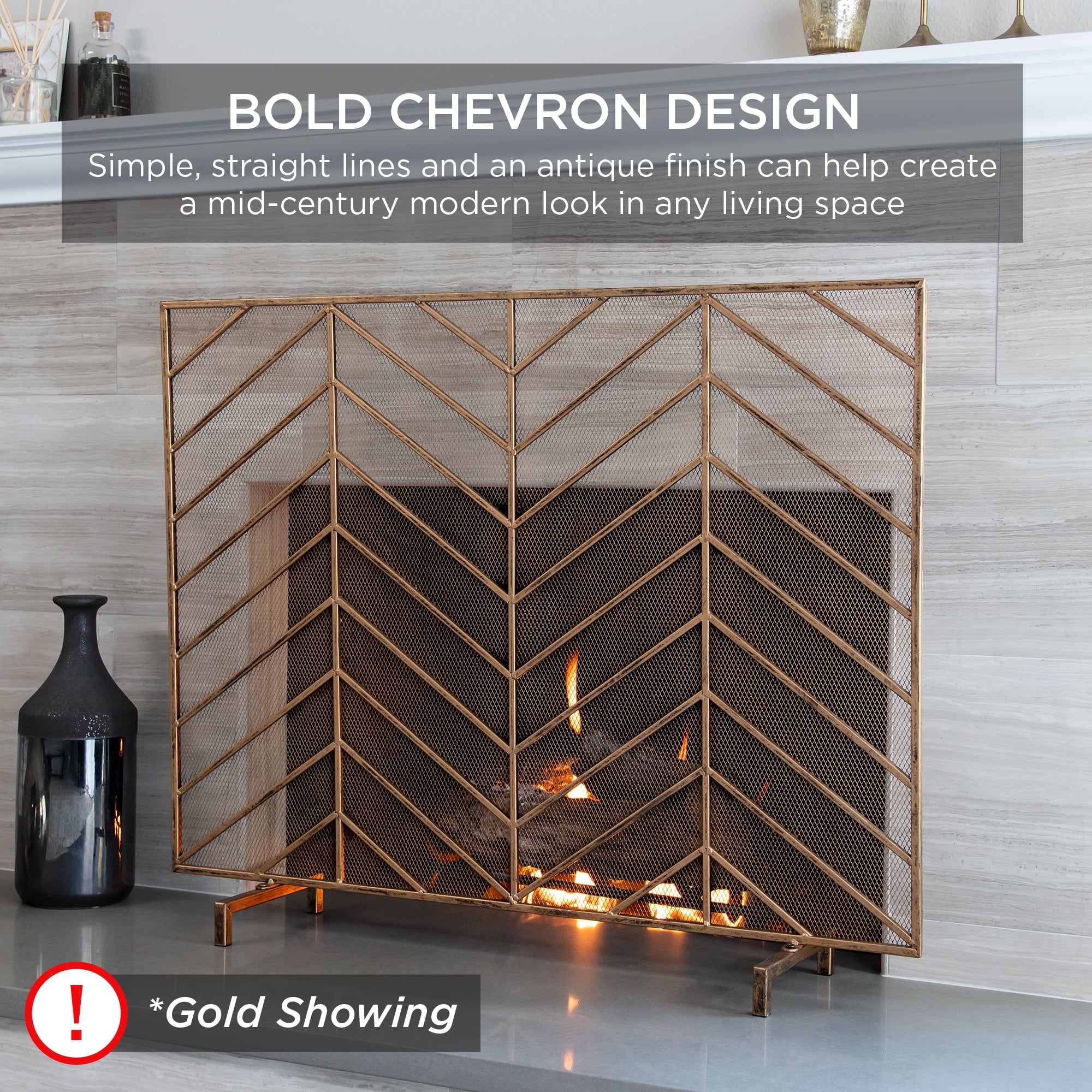 Best Choice Products 38x31in Single Panel Handcrafted Iron Chevron Fireplace Screen w/ Distressed Finish - Satin Black