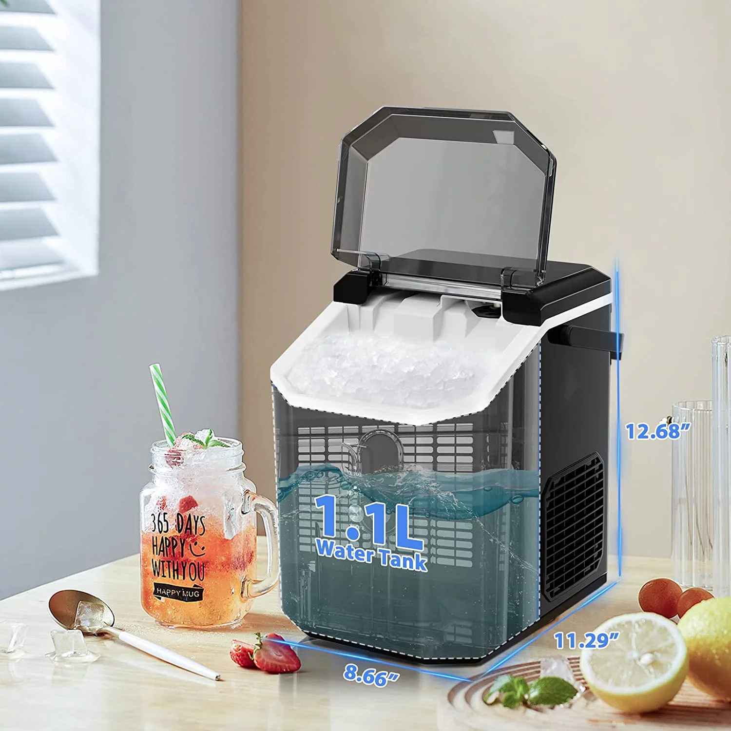 KISSAIR Ice Maker Countertop with Soft Chewable Pellet Ice, 34Lbs/24H,Pebble Portable Ice Machine with Automatic Self-Cleaning, One-Click Operation, for Kitchen, Office Diamond edge Black