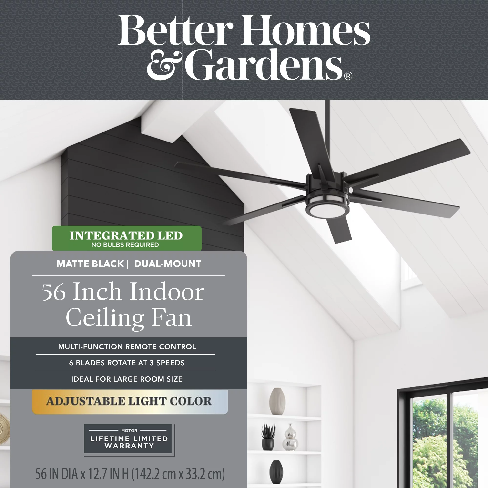 Better Homes & Gardens 56' Black Indoor Ceiling Fan with Color Changing Light, 6 Blades, Remote & Reverse Airflow
