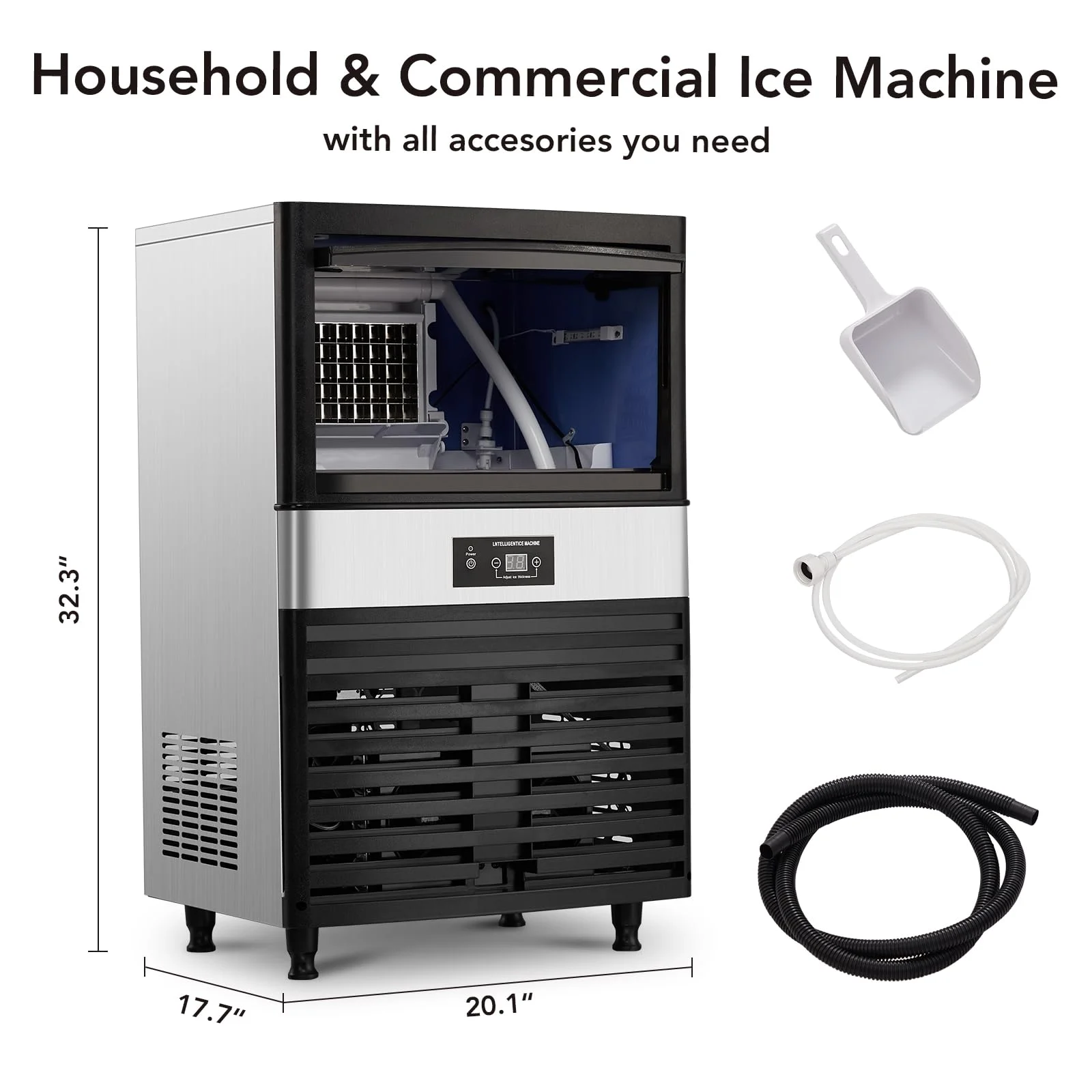 Garvee Commercial Ice Maker 90Lbs/24H with 33Lbs Storage, Full Stainless Steel Under Counter Ice Machine for Party/Bar/Home/Office