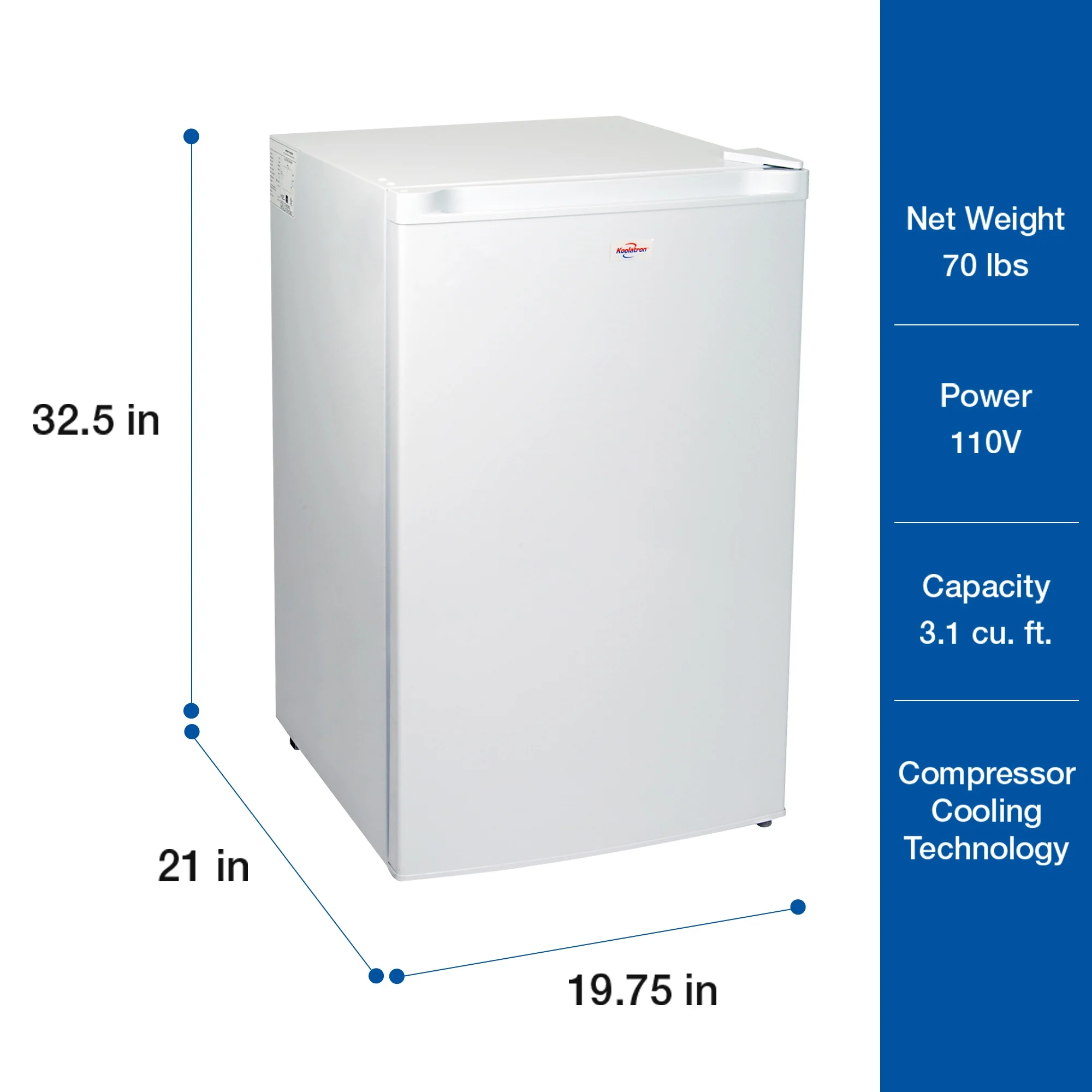 Koolatron Upright Freezer 3.1 cu ft, Mini Freezer 88 Litre, White, Manual Defrost