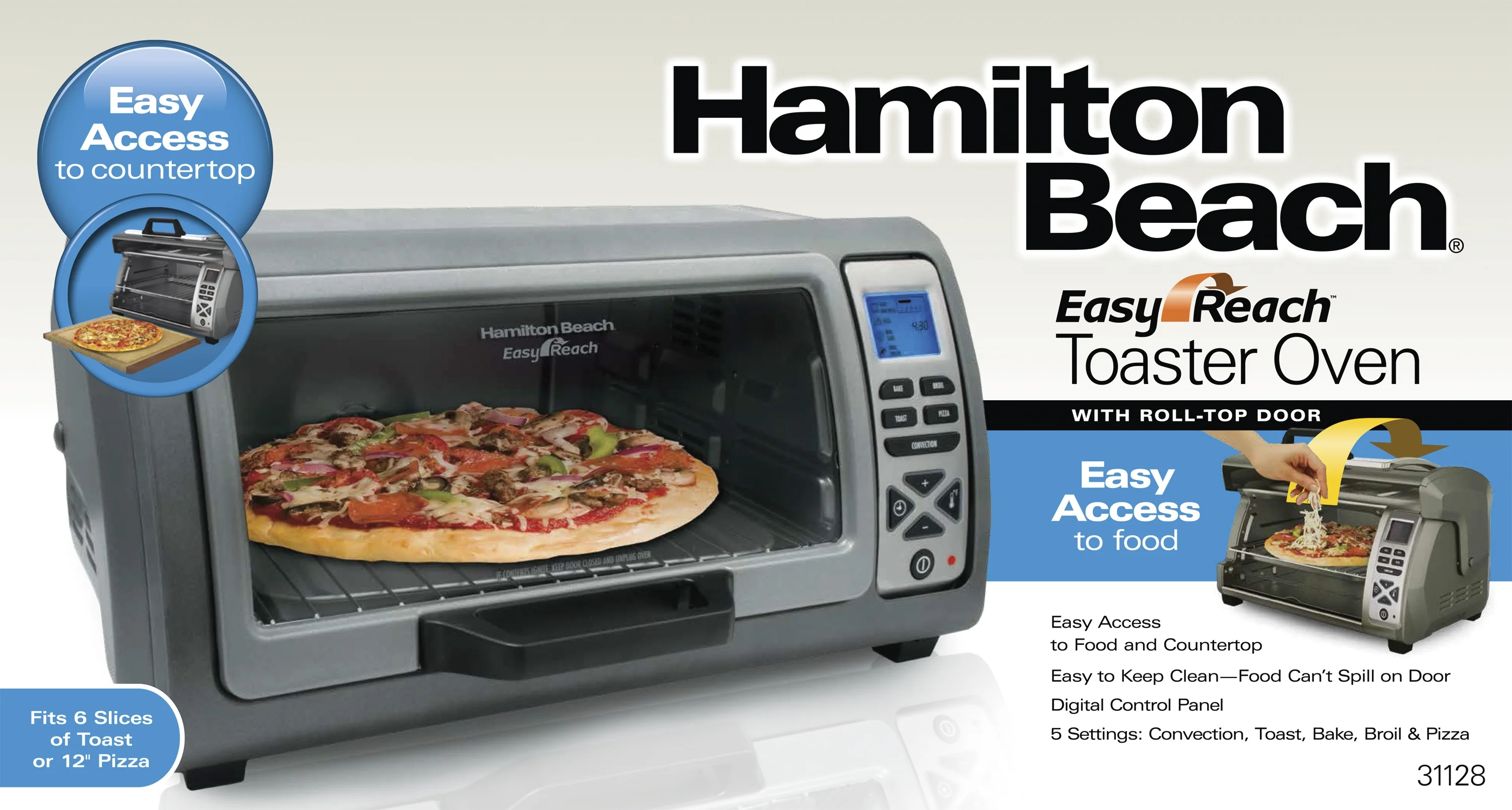 Hamilton Beach Easy Reach Toaster Oven with Roll-Top Door, Silver, 31128