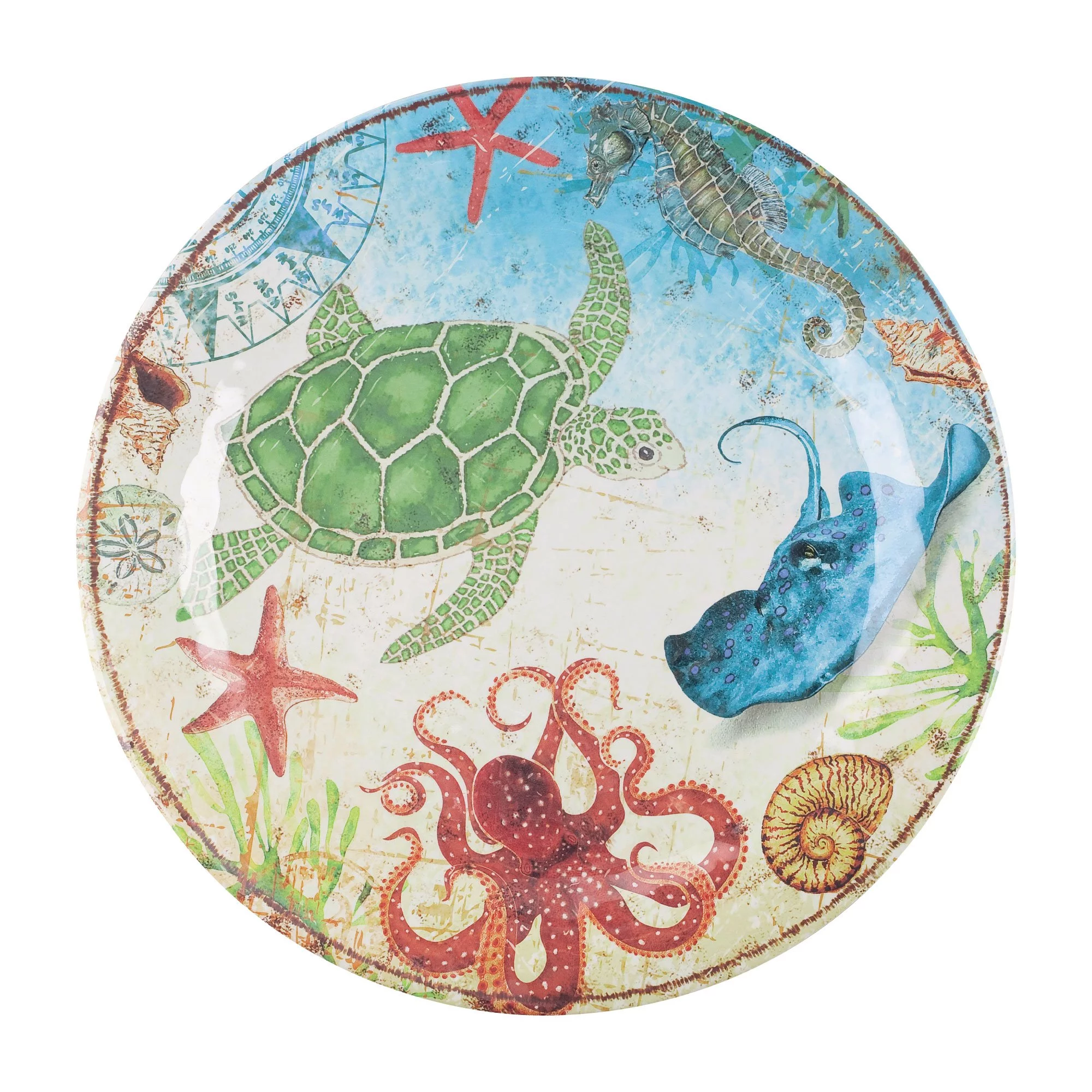 Gourmet Art 16-Piece Sealife Heavyweight and Durable Melamine Dinnerware Set, Service for 4. Includes Dinner Plates, Salad Plates, Dessert Plates and Bowls. for Indoors Outdoors Use and Everyday Use.