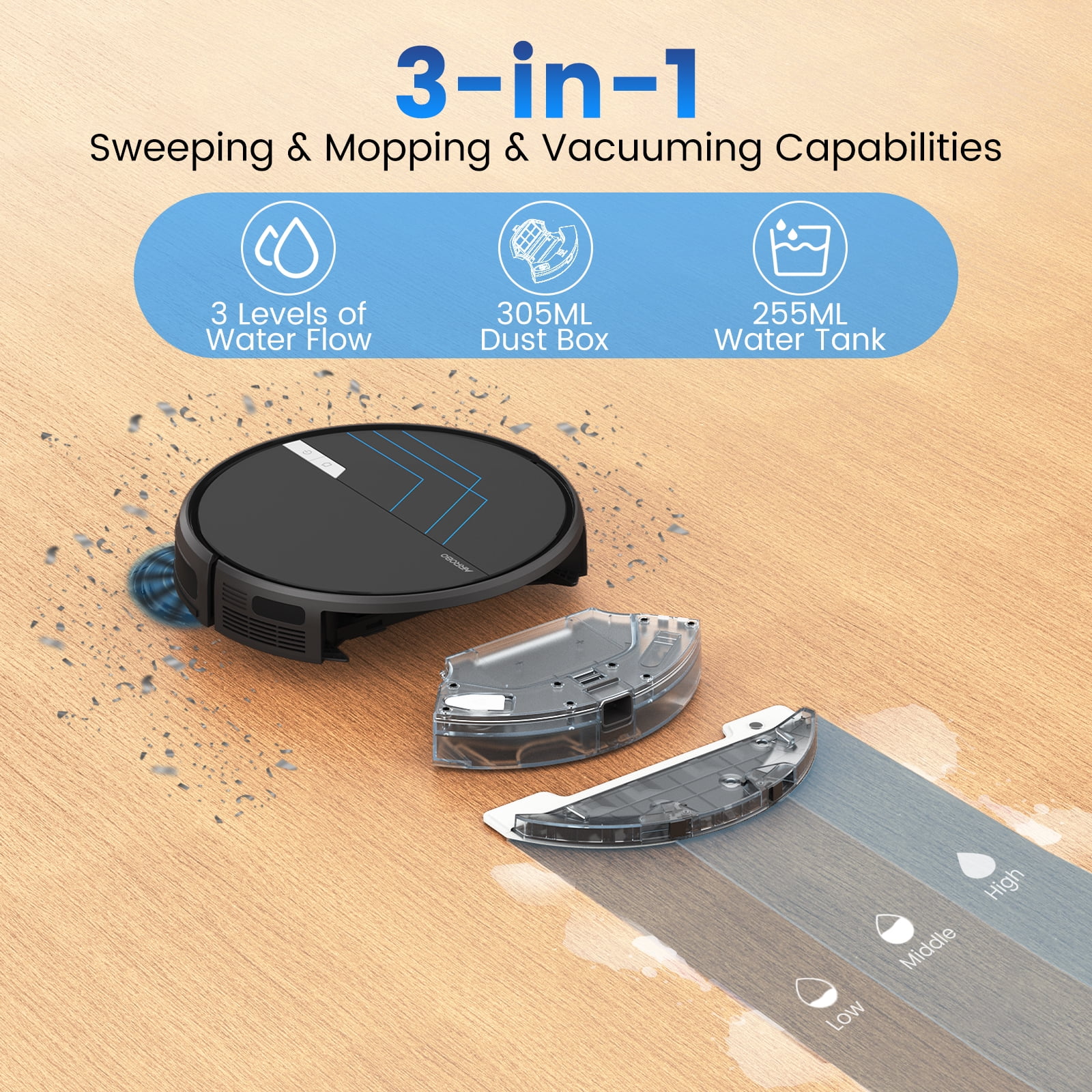 AIRROBO 3 in 1 Robot Vacuum and Mop Combo with 3000Pa Suction, Wifi/APP/Voice Control, Compatible with Alexa and Google Assistant, Robot Vacuum Cleaner for Pet Hair, Hard Floors and Low Pile Carpet