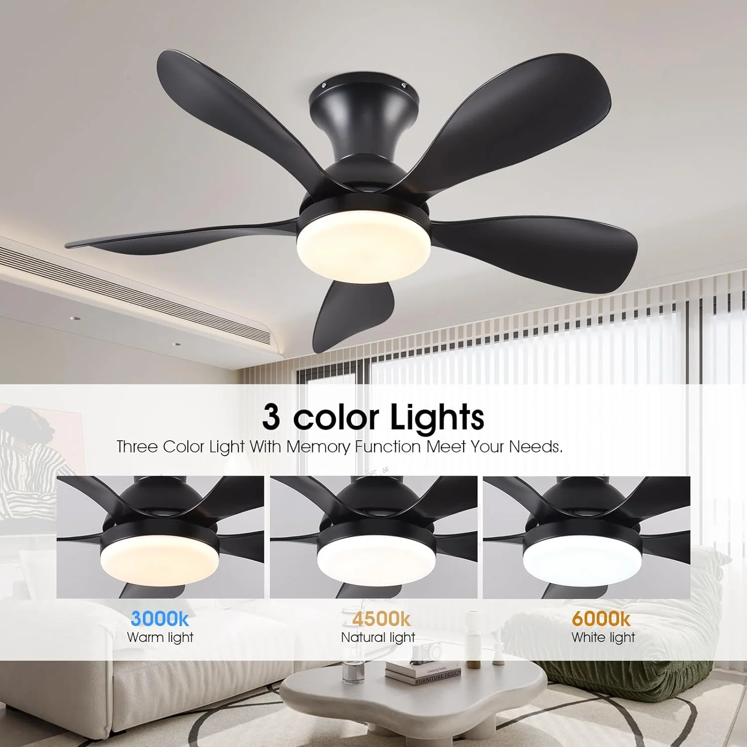 33In Black Low Profile Ceiling Fans with Lights and Remote,Modern Flush Mount Ceiling Fan with 5 Reversible Blades Reversible for Outdoor Patio,Small Room,Bedroomn