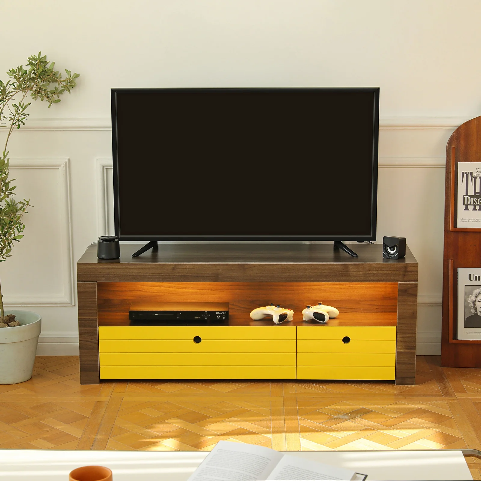 High Gloss TV Stand Modern TV Cabinet with 2 Drawers & LED Lights for TVs up to 55' Multiple Finish