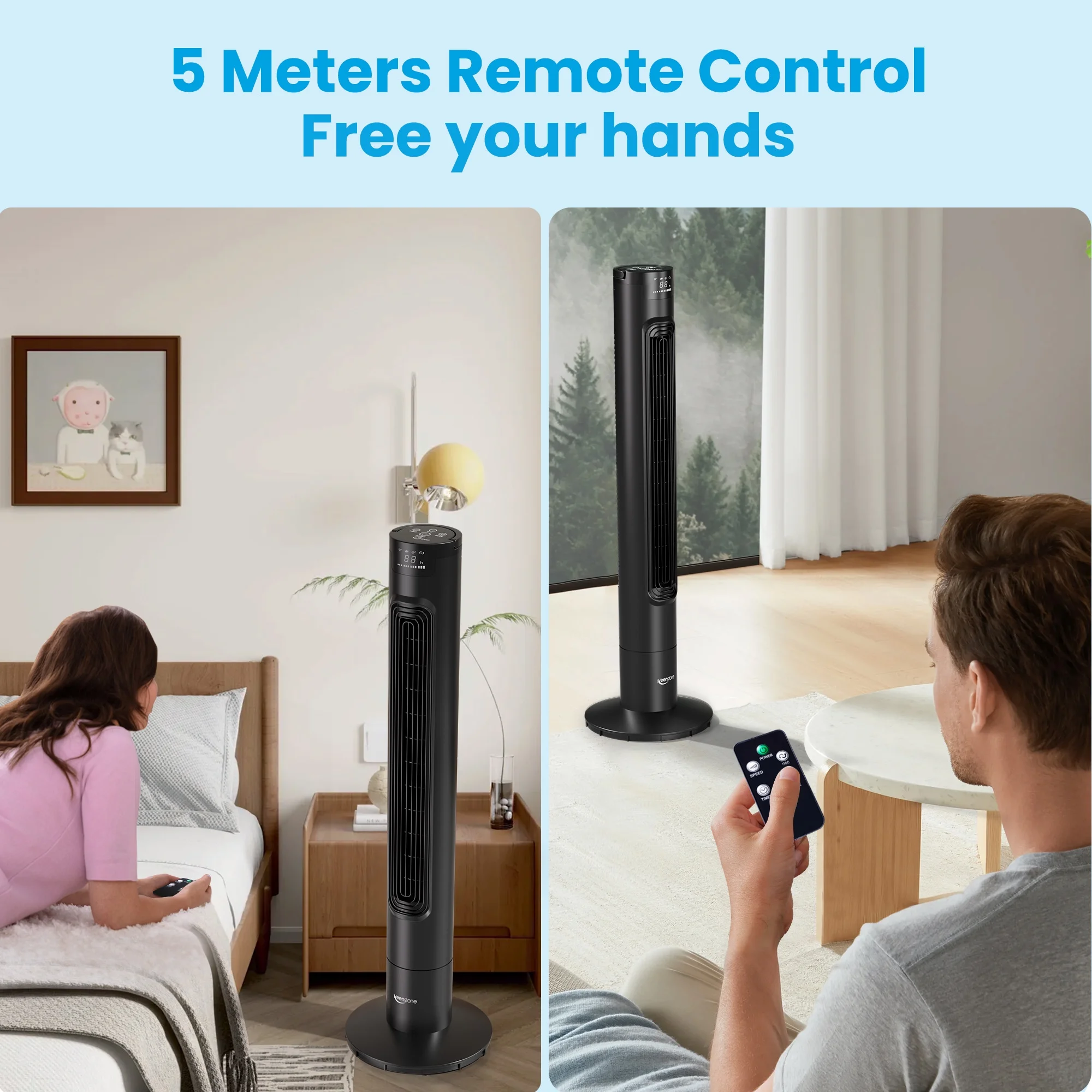 Keenstone Tower Fan for Bedroom, 38 Inch Bladeless Fan, 75�� Oscillating Fan, Quiet Floor Fan with Remote, LED Display, 3 Speeds 3 Modes, 7.5H Timer, Standing Fans for Home Living Room Office - Black