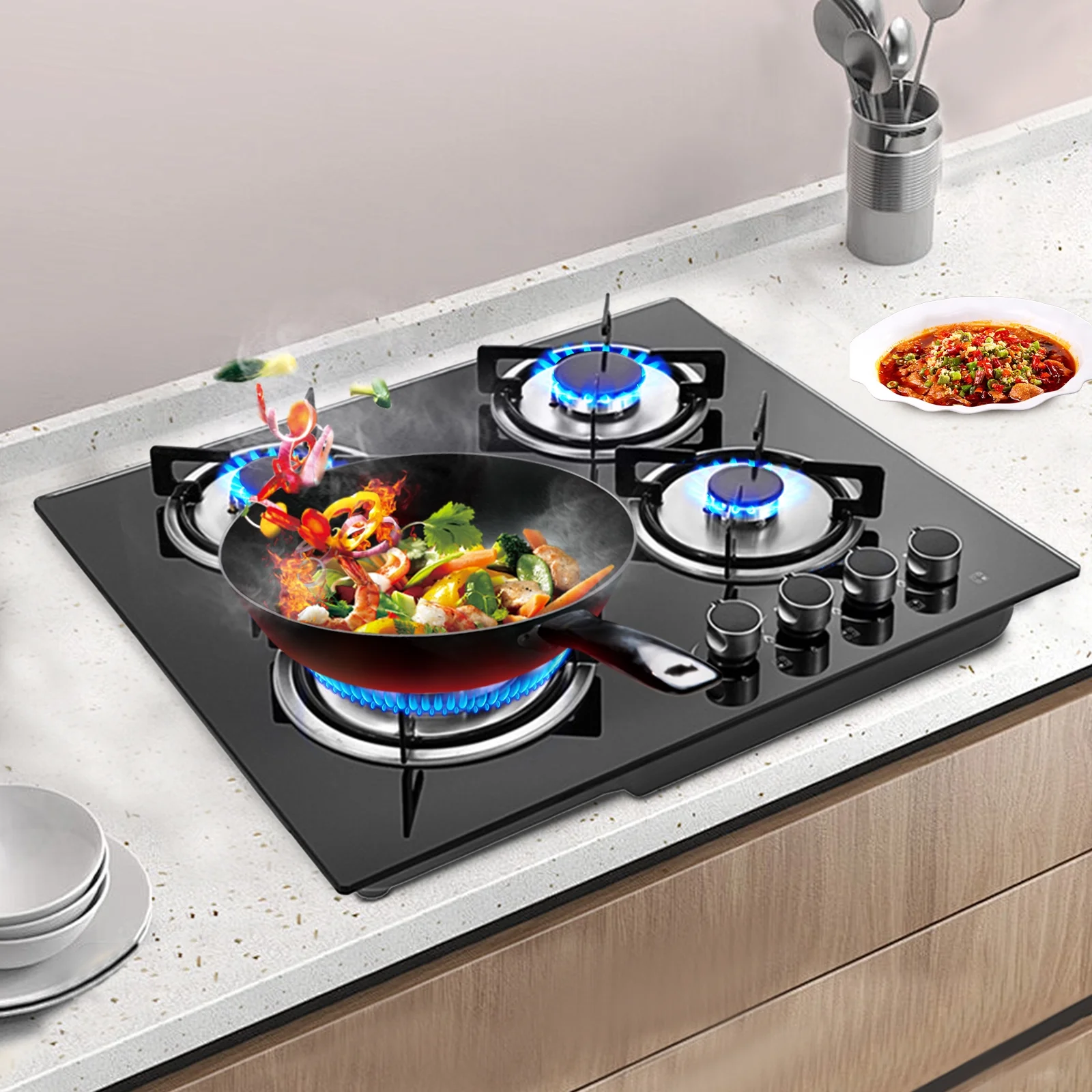 23' 4 Burners Stove LPG/NG Built-In Gas Cooktops Black for Kitchen
