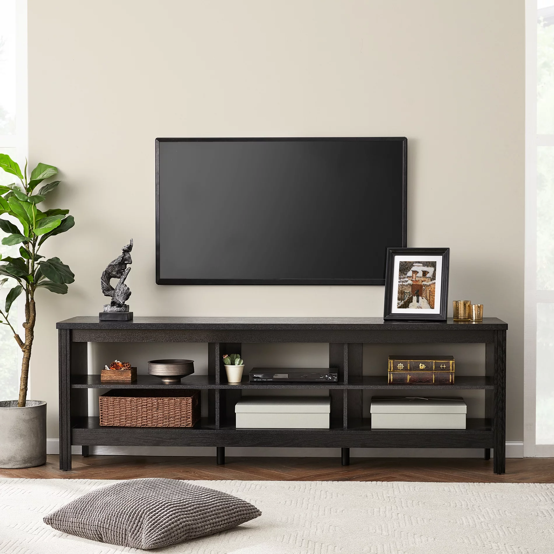 Black TV Stand for 75 Inch TV, Farmhouse Wood TV Cabinet with 6 Cubby for Living Room Bedroom,70 inch