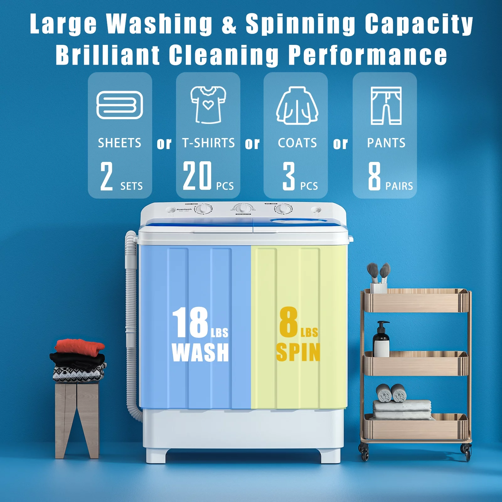 Auertech Portable Washer 28lbs Twin Tub Compact Semi-Automatic with Drain Pump Washer Spinner Combo