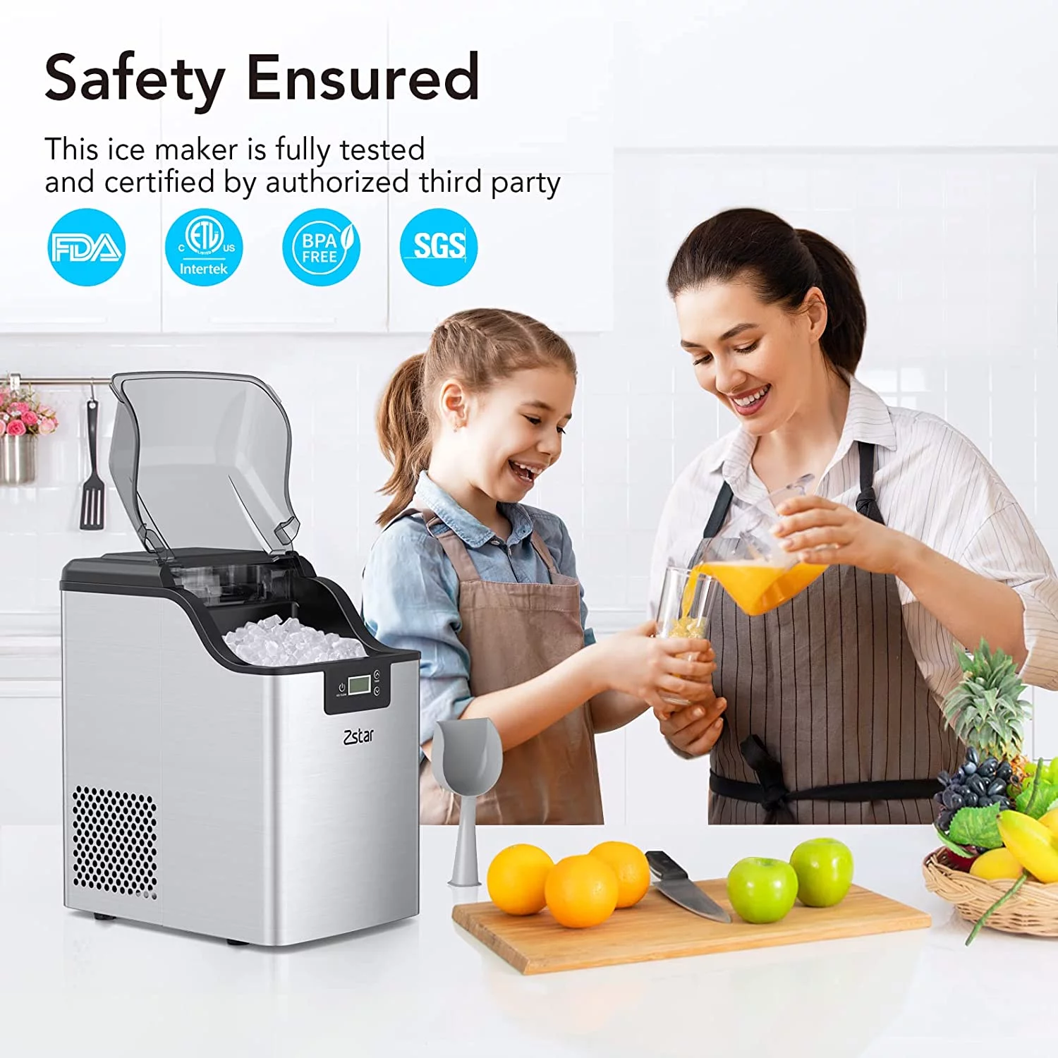 Ice Maker, Stainless Steel Countertop Ice Machine with 44Lbs/24H Output, Crunchy Sonic Ice Maker Machine, Self-Cleaning Portable Ice Maker with Freestanding Ice Scoop for Home,Office,Bar