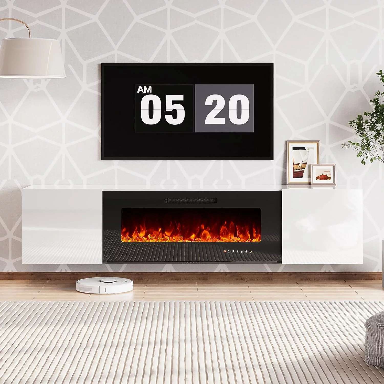 AMERLIFE Floating Fireplace TV Stand, Wall Mounted Mirrored Entertainment Center for TVs Up to 90