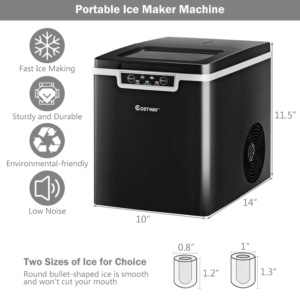 Costway Ice Maker Machine Countertop 26Lbs/24H Portable W/Scoop & Basket Black