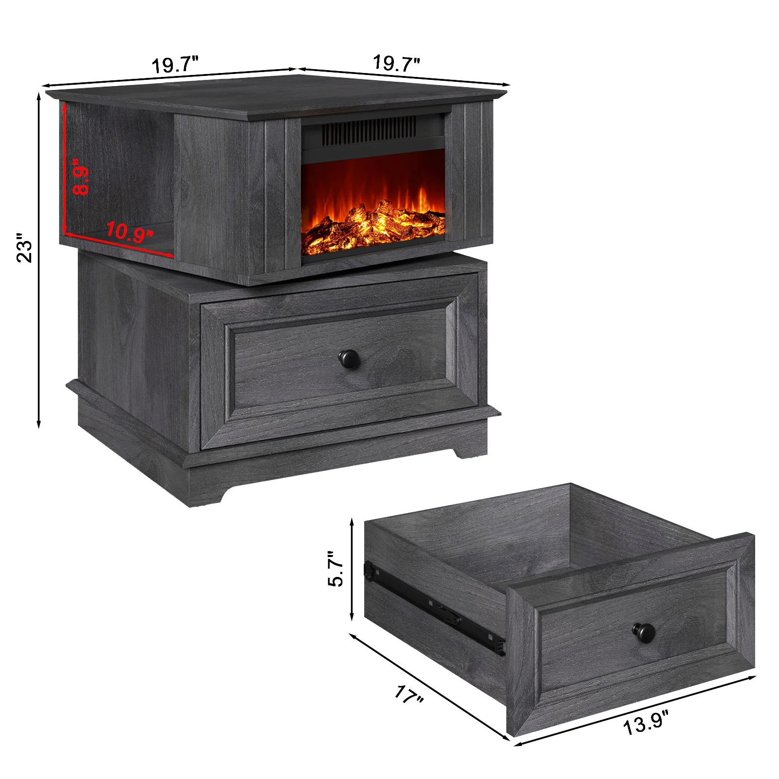 FAGAGA 3 In 1 Rotating Electric Fireplace Heater End Table with Storage and Fast Charging Station, Wooden Side Tables Nightstands for Living Room, Bedroom, Office, Dark Gray