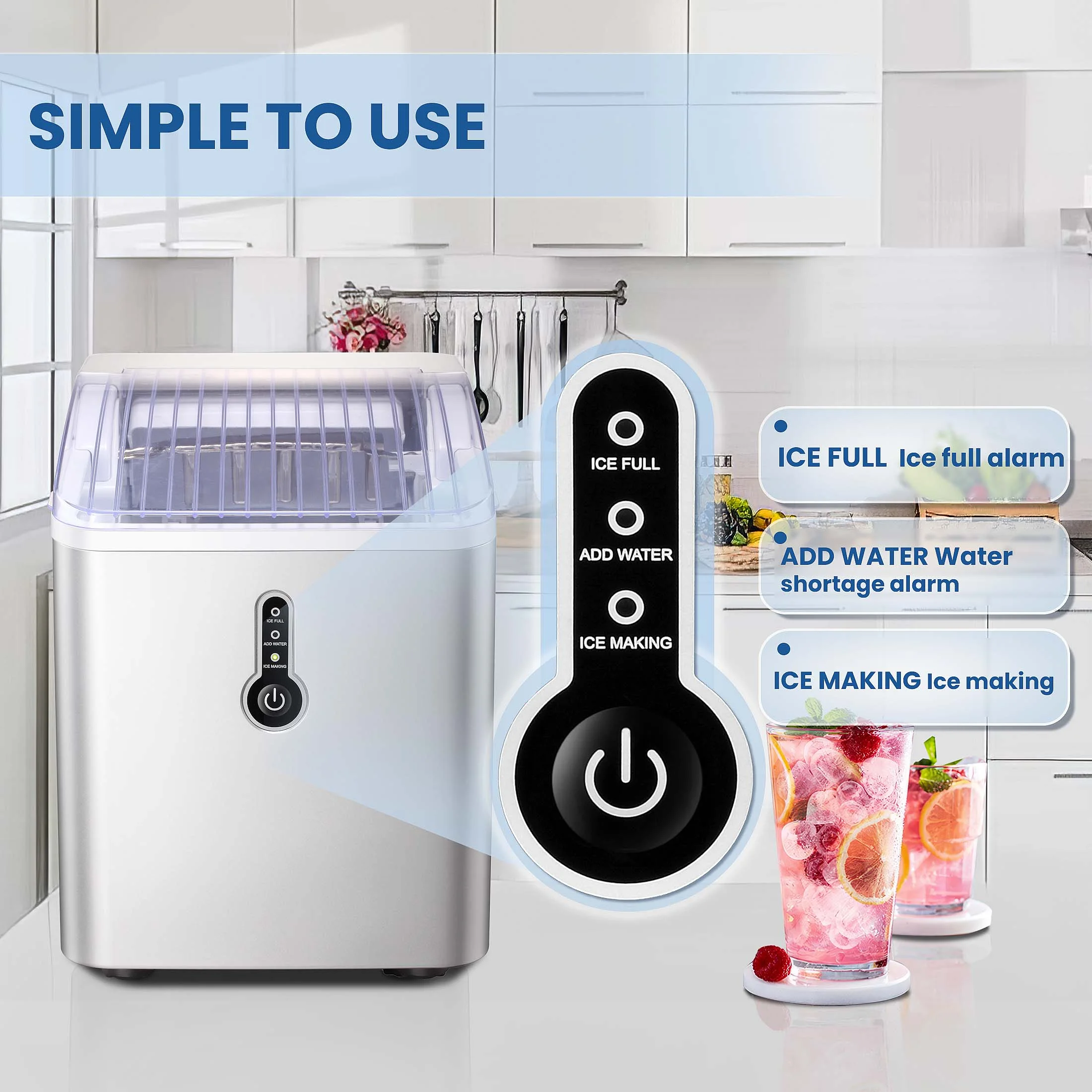 Auseo Countertop Ice Maker Machine, Portable Compact Ice Maker with Ice Scoop&Ice Basket, 9 Pcs/8 Mins, 26LBS/24H, Bullet Ice, Self-Cleaning, Home/Kitchen/Office/Bar, Silver