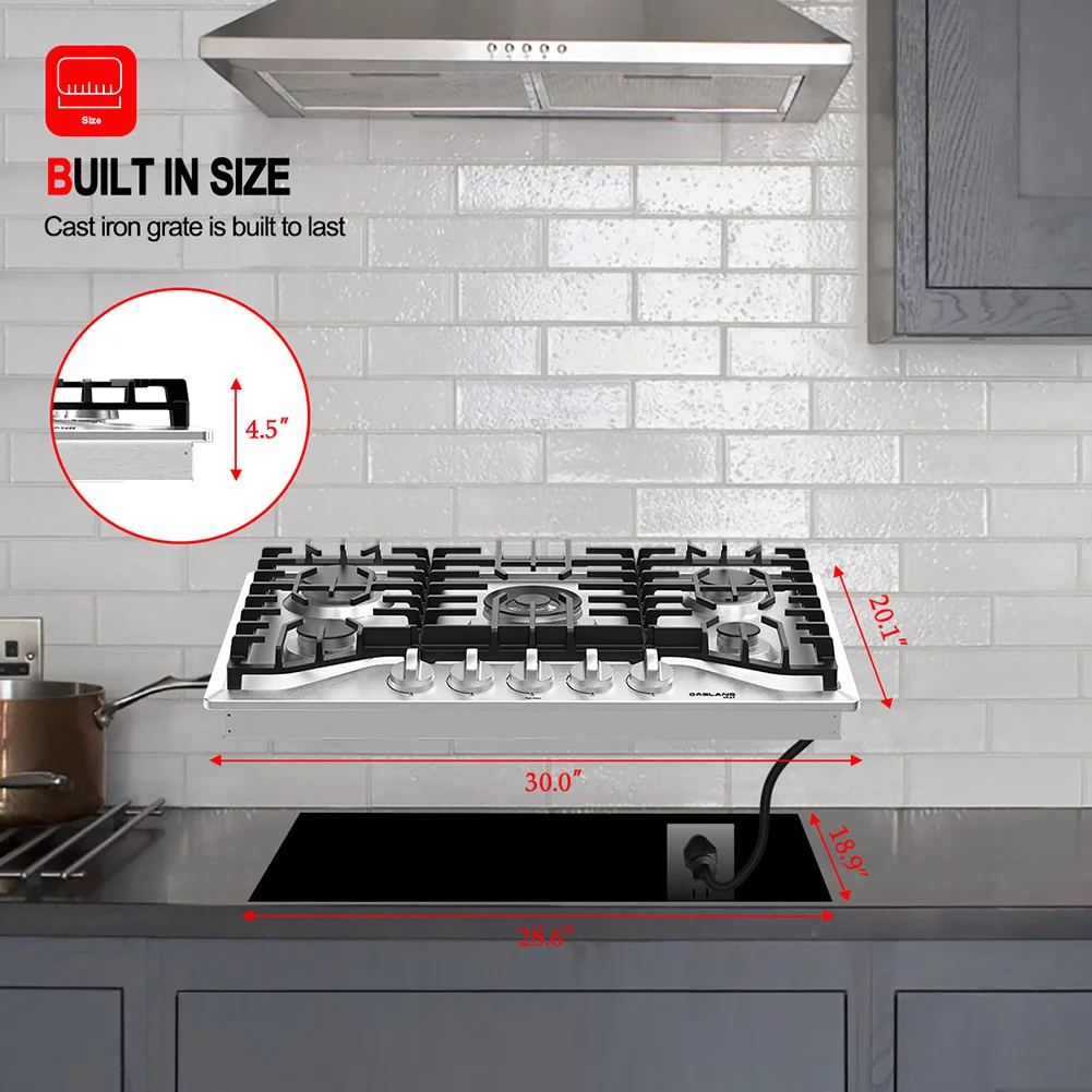 Gasland Chef GH1305SF 30' Gas Cooktop 5 Burners Gas Stovetop, NG/LPG,Stainless Steel, Auto Ignition