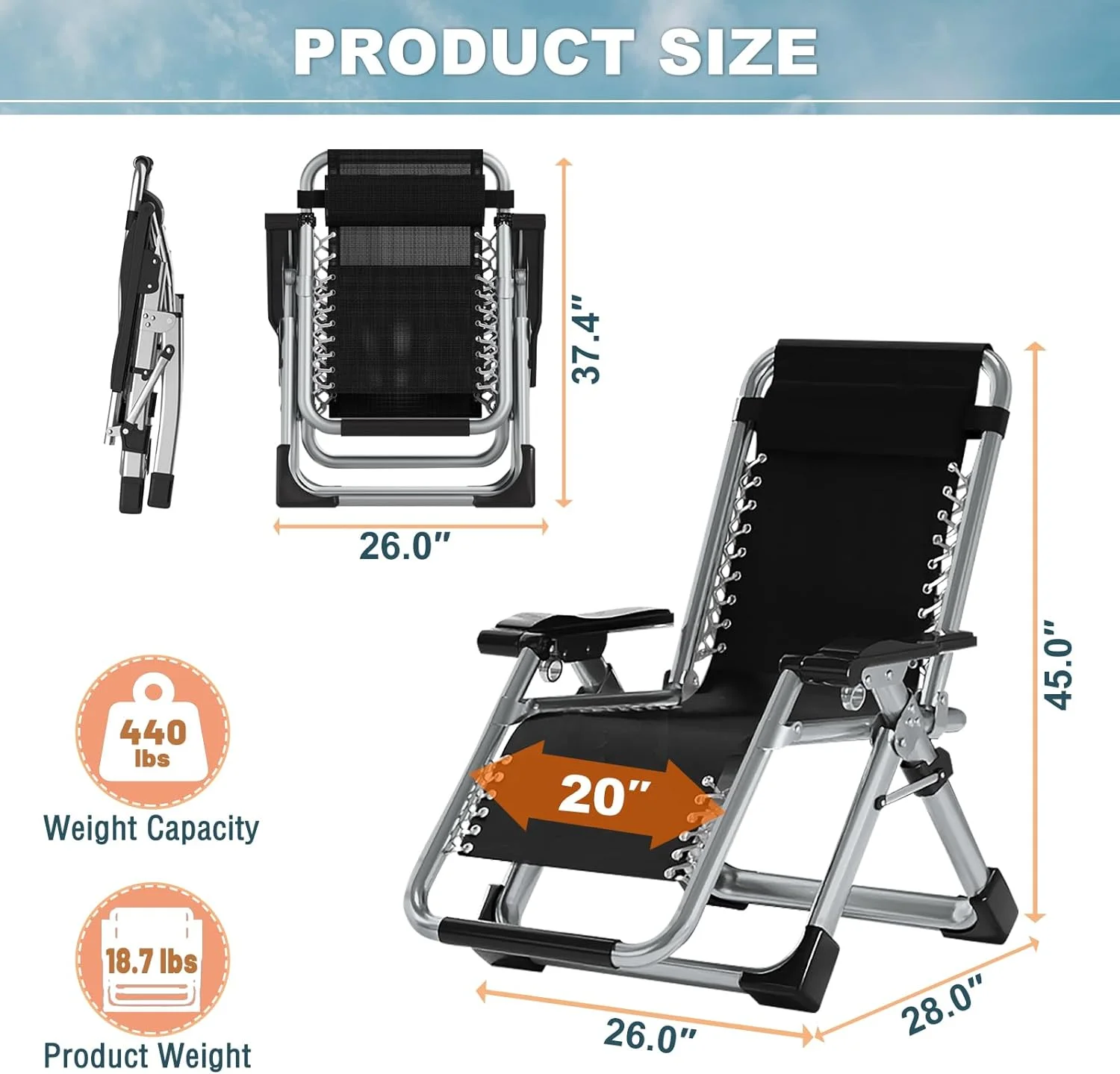 ABORON Zero Gravity Chair, Zero Gravity Lounge Chair with Removable Cushion,Headrest,Cup Holder,Reclining Patio Folding Lawn Chair,Support 440 LBS