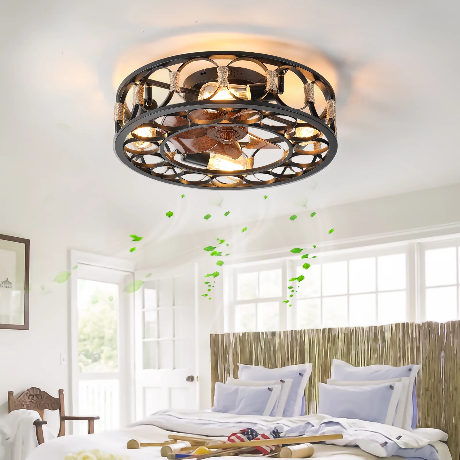Flush Mount Ceiling Fan with Lights Remote Control, Indoor Retro Low Profile Caged Ceiling Fan with 5 Blades for Living Room, Bedroom, Kitchen, Black