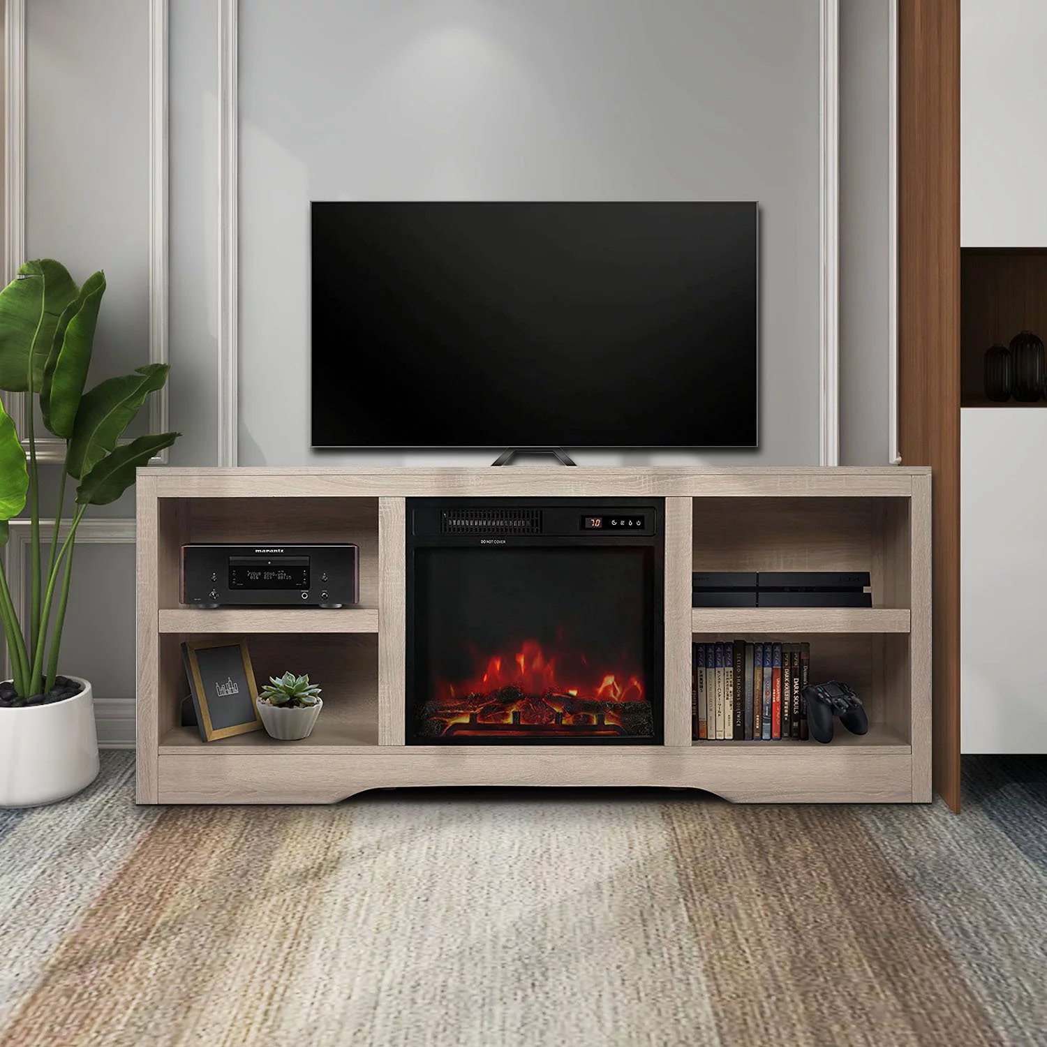 ENSTVER 58' Fireplace TV Stand for TVs up to 65' with Electric Fireplace, White Oak