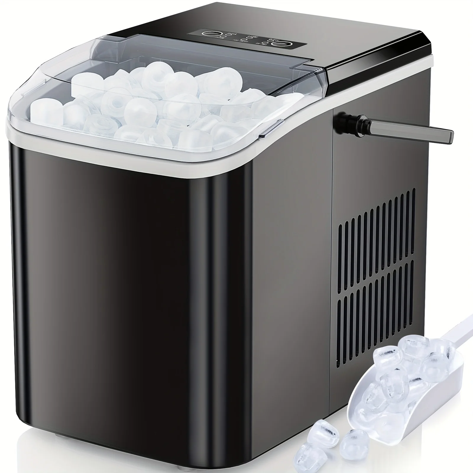Ice Maker Countertop, Portable Ice Machine Self-Cleaning with Handle, Ice Scoop and Basket, 9 Cubes in 6 Mins, 26.5lbs/24Hrs, 2 Sizes of Bullet Ice for Kitchen Office Party, Black