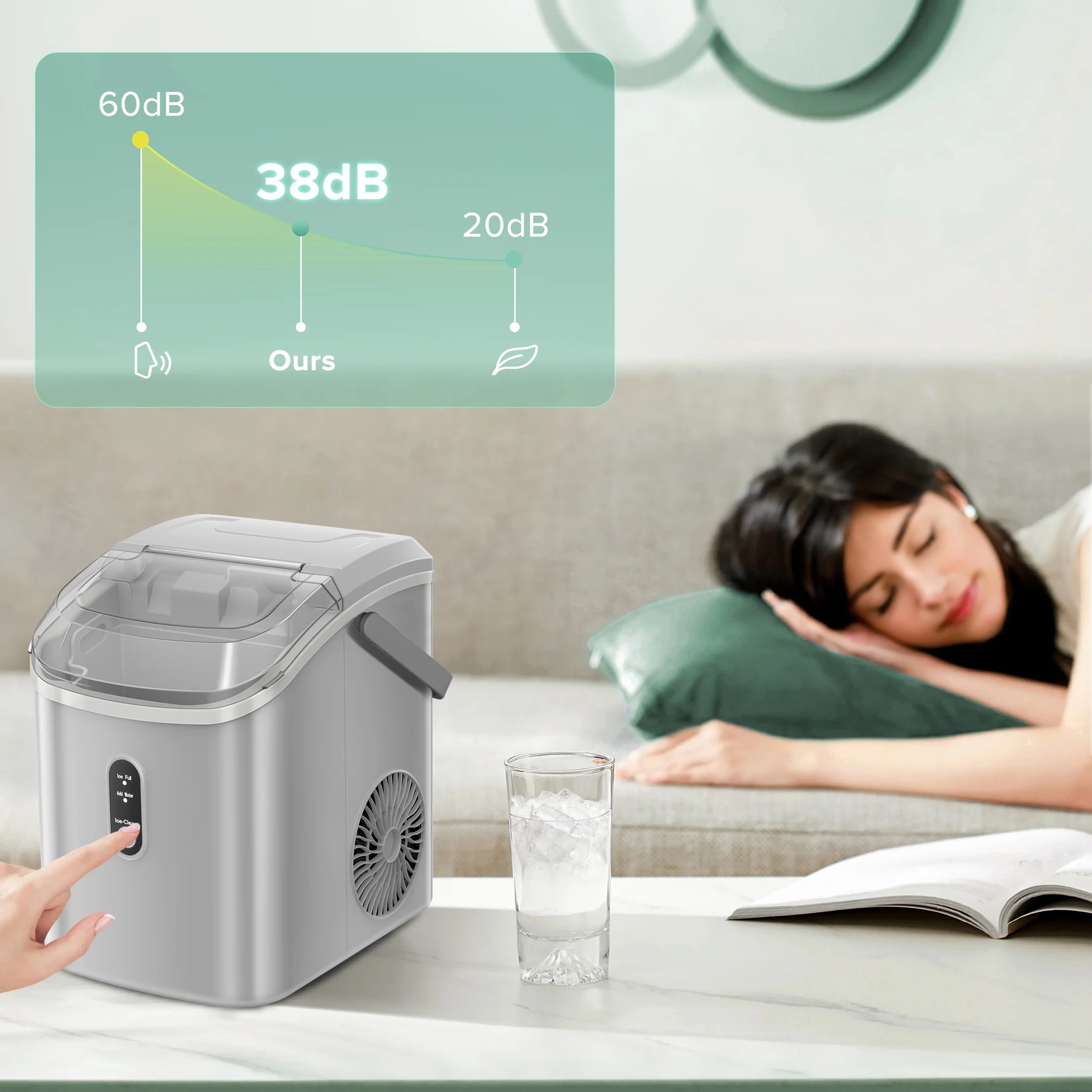 KISSAIR Nugget Ice Maker Countertop with Soft Chewable Pellet Ice, Portable Ice Machine with Handle, 34lbs/24H, One-Click Operation for Home/Party (Grey)