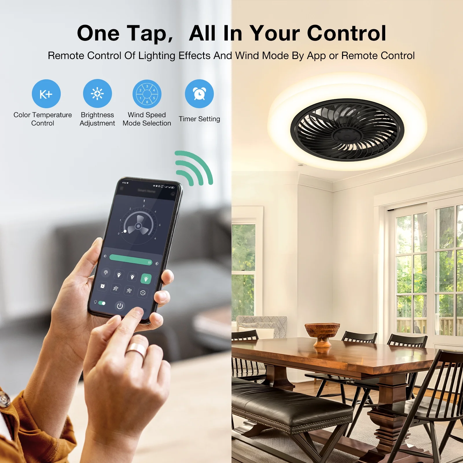 BLITZWILL 21'' Ceiling Fan with Light, 6-Speed Reversible, Dimmable LED Timing with Remote & APP Control, Modern Bladeless Flush Mount Ceiling Fan, Black