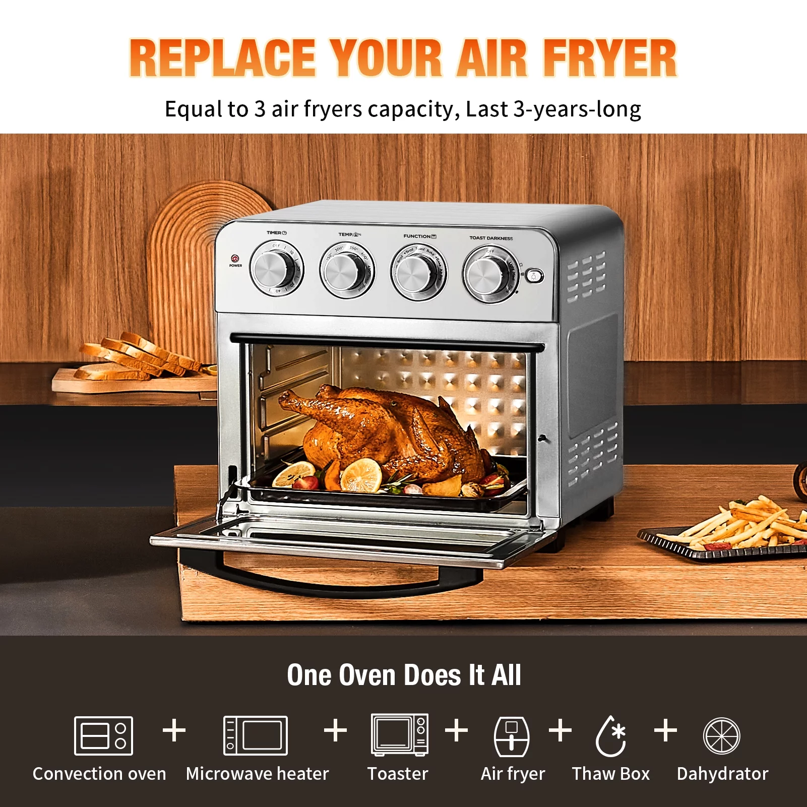 Geek Chef Air Fryer Toaster Oven 24.5Qt Rotisserie Dehydrator 7-in-1 Convection Oven Combo Roast Bake Broil Reheat Fry Oil-Free Large Air Fryer Oven 1700W Stainless Steel with Accessories