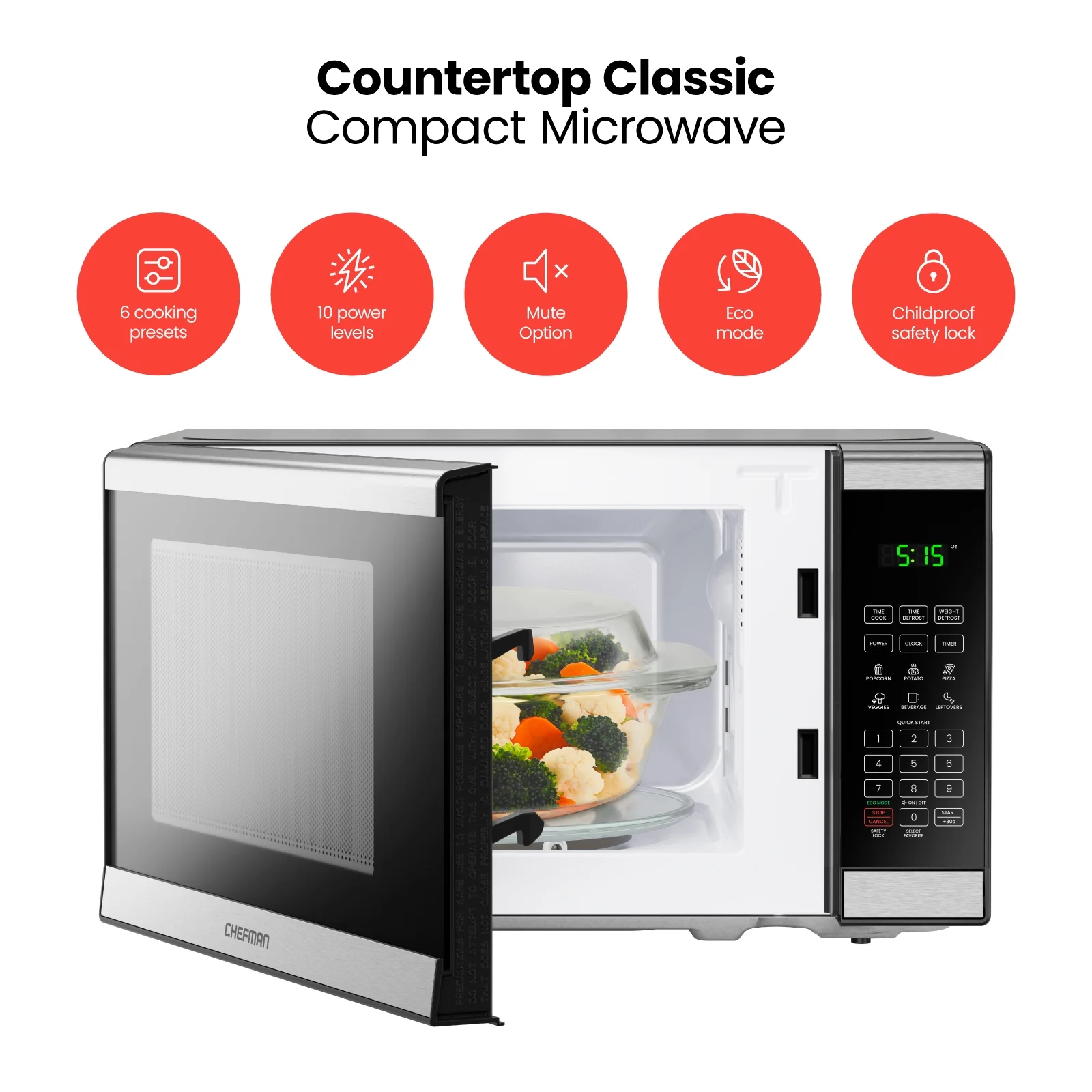 Chefman 0.7 Cu ft Countertop Microwave Oven, 700 Watts - Stainless Steel, New