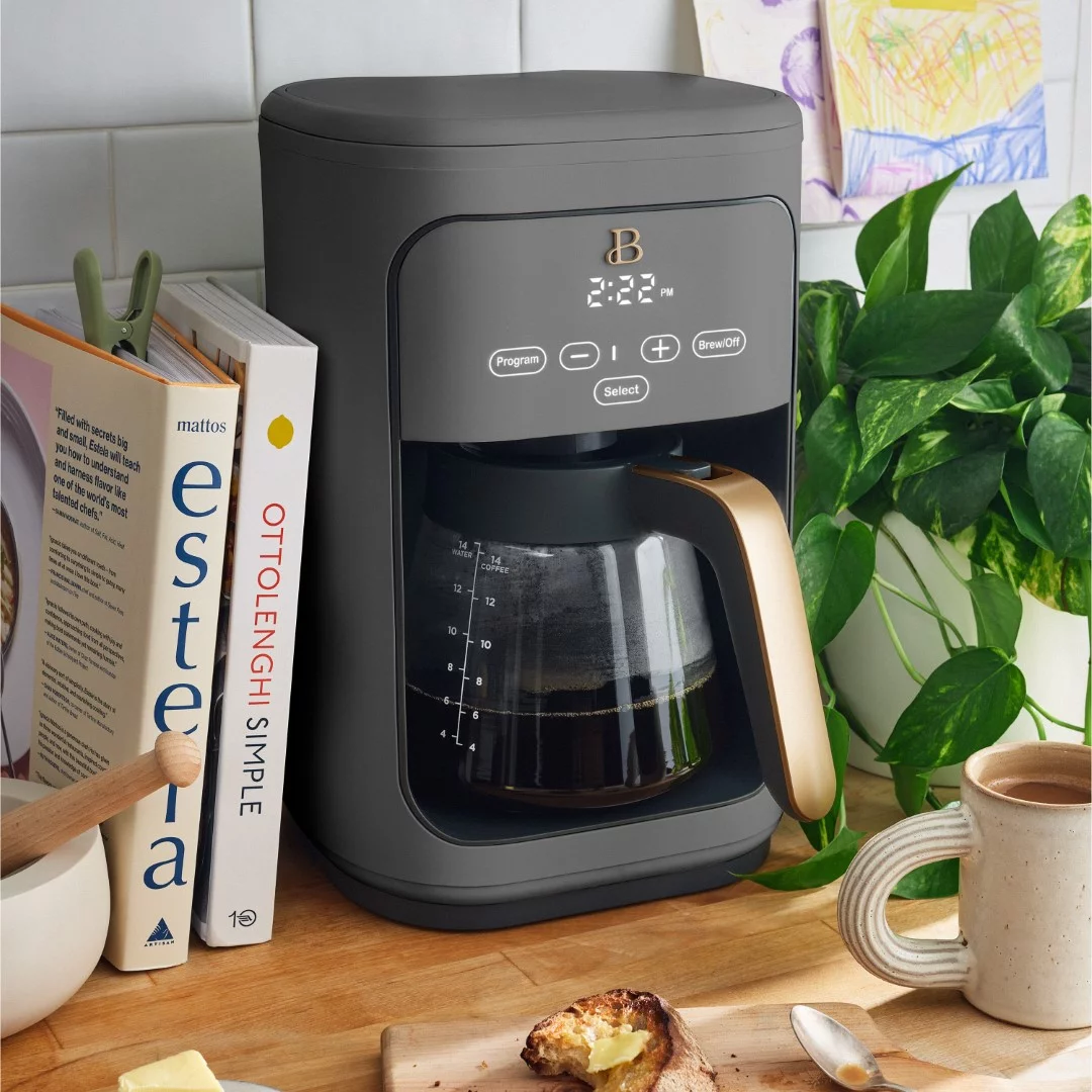 Beautiful 14-Cup Programmable Drip Coffee Maker with Touch-Activated Display, Oyster Grey by Drew Barrymore