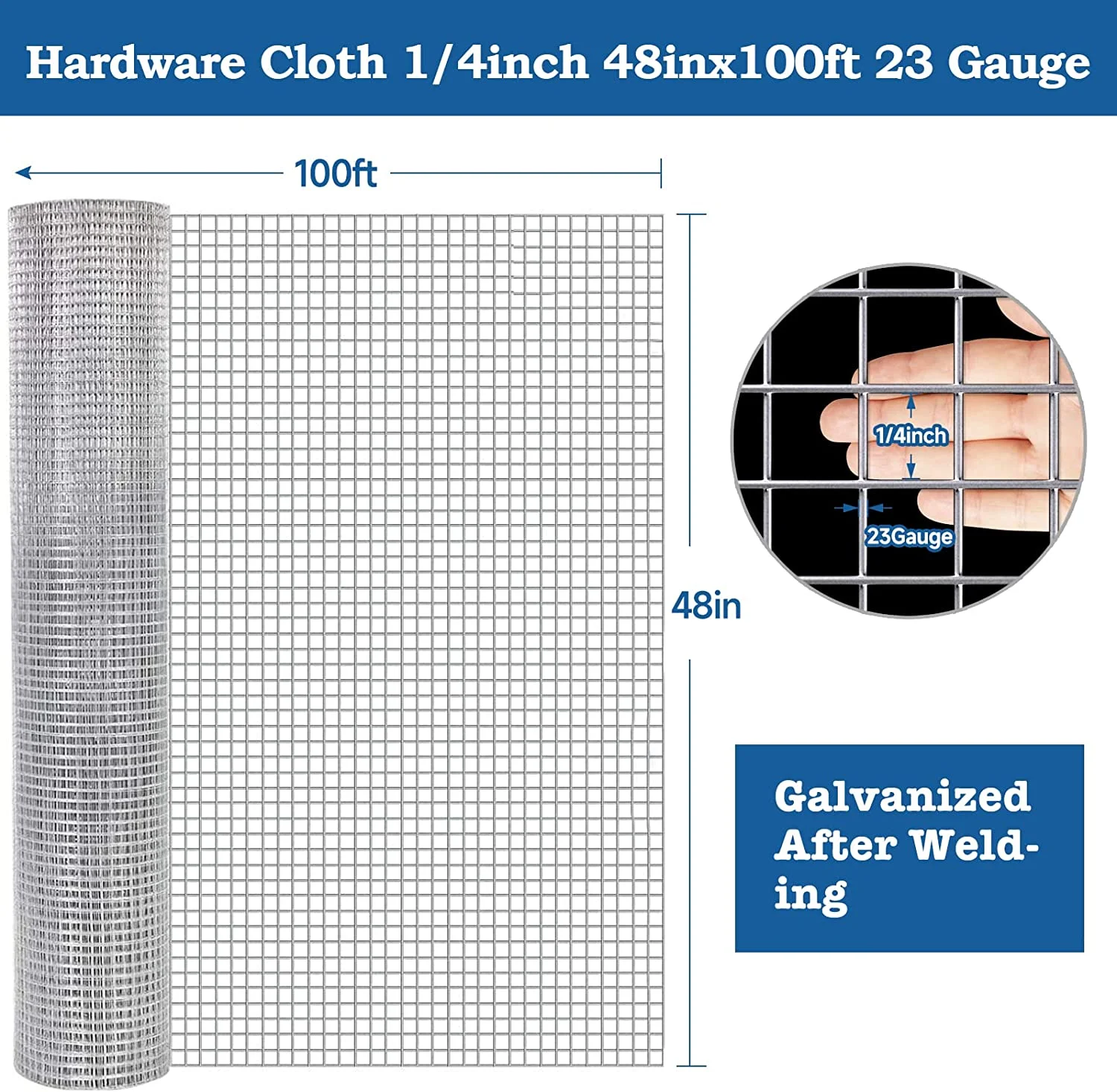 AMAGABELI GARDEN & HOME Hardware Cloth 48x100 1/4 Inch Galvanized After Welding 23gauge Fence Mesh Roll Plant Supports Poultry Netting Chicken Wire Snake Fencing Gopher Racoons Gutter Guard JW004