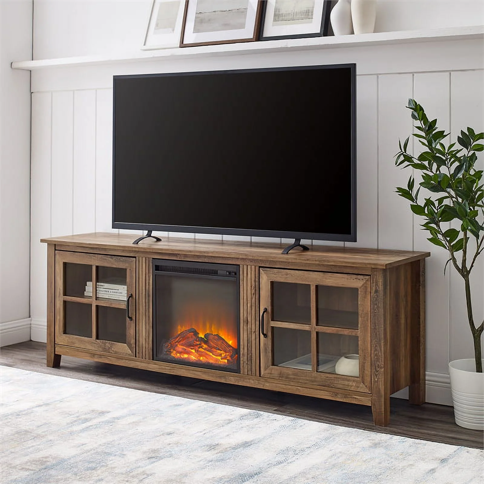 70' Farmhouse Wood Fireplace TV Stand with Glass Doors - Rustic Oak