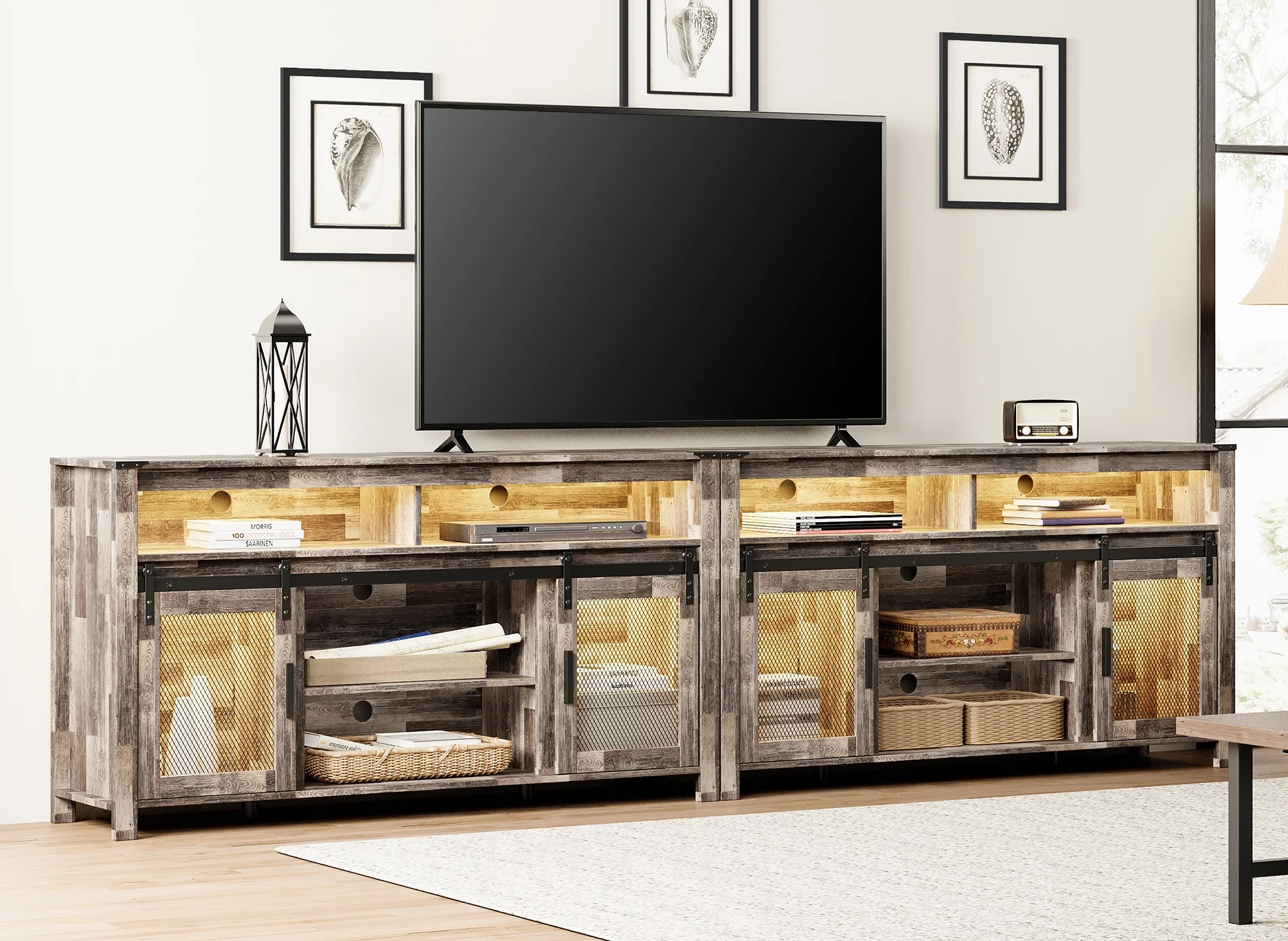 2-In-1 TV Stand for 100+ Inch TV, Farmhouse & Industrial Media Entertainment Center w/Sliding Mesh Doors, Rustic TV Console w/Storage Shelves&Yellow LED Lights for Living Room, Rustic White