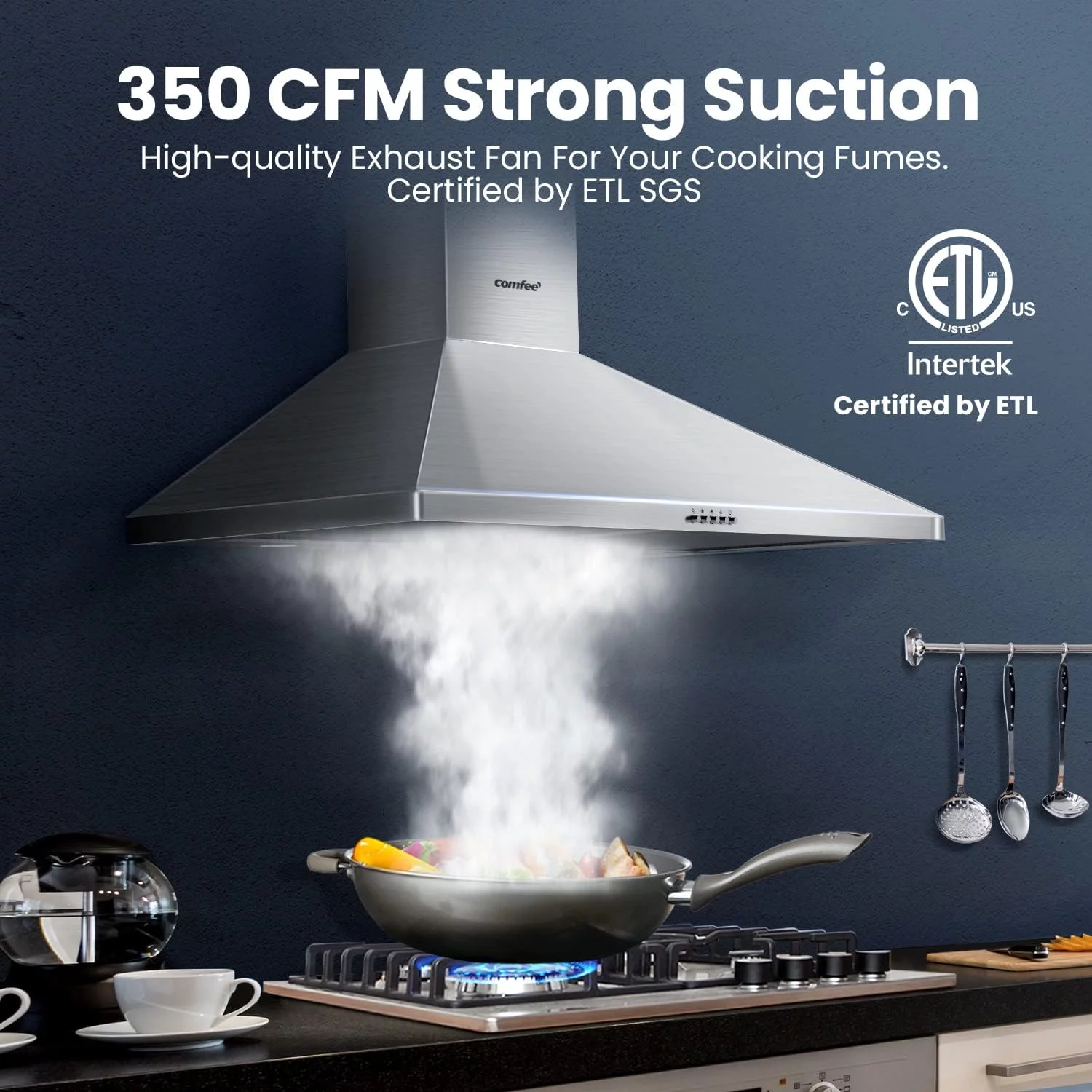 Comfee 30' Ductless/Ducted Convertible Pyramid 350 CFM Wall Mount Vent Range Hood, Stainless Steel, CVP30W4AST