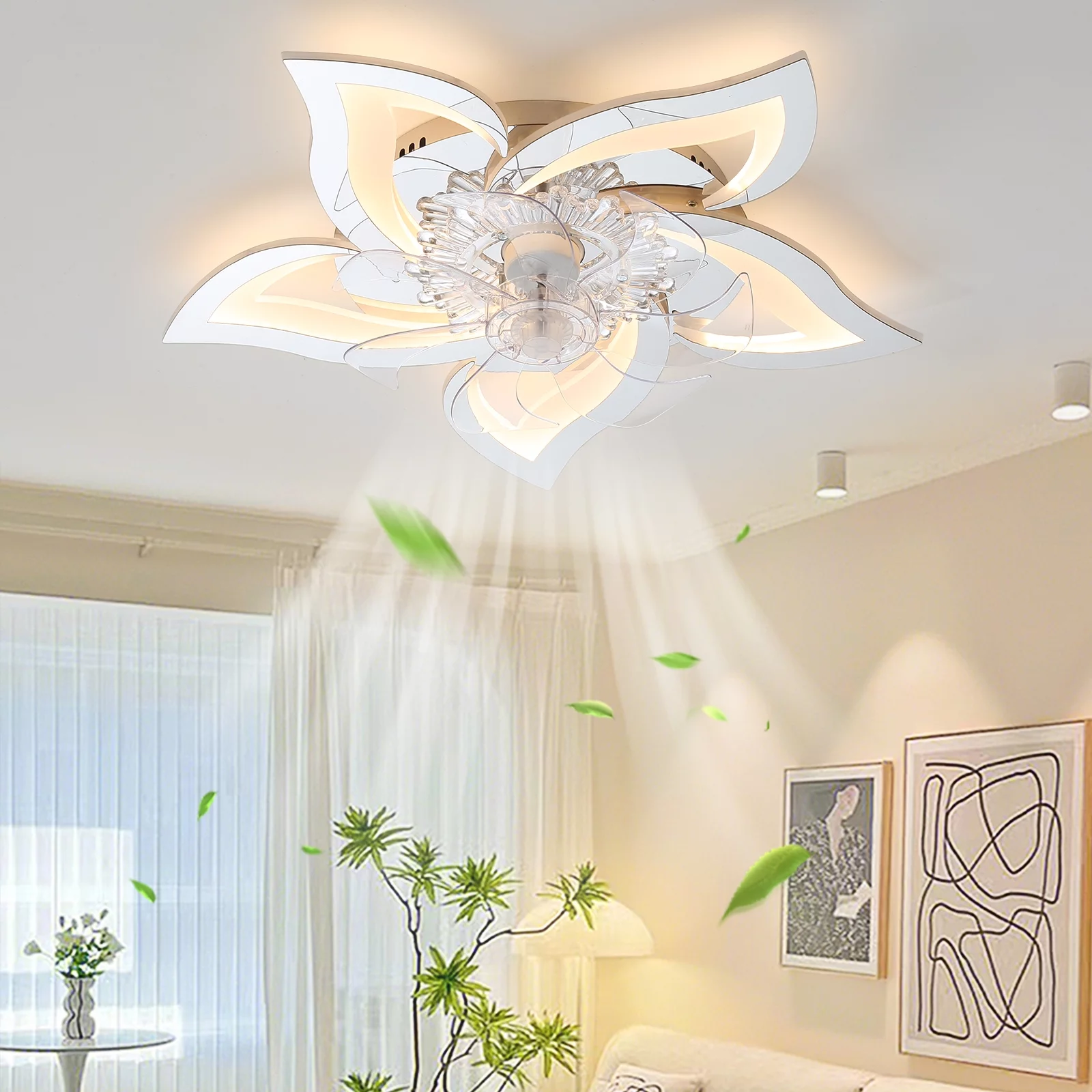 Ceiling Fans with LED Lights 50W with Remote Control & App Control, 27' 6-speed Timing Dimmable Flower Shape Ceiling Light Fan for Living Room Bedroom, Silver