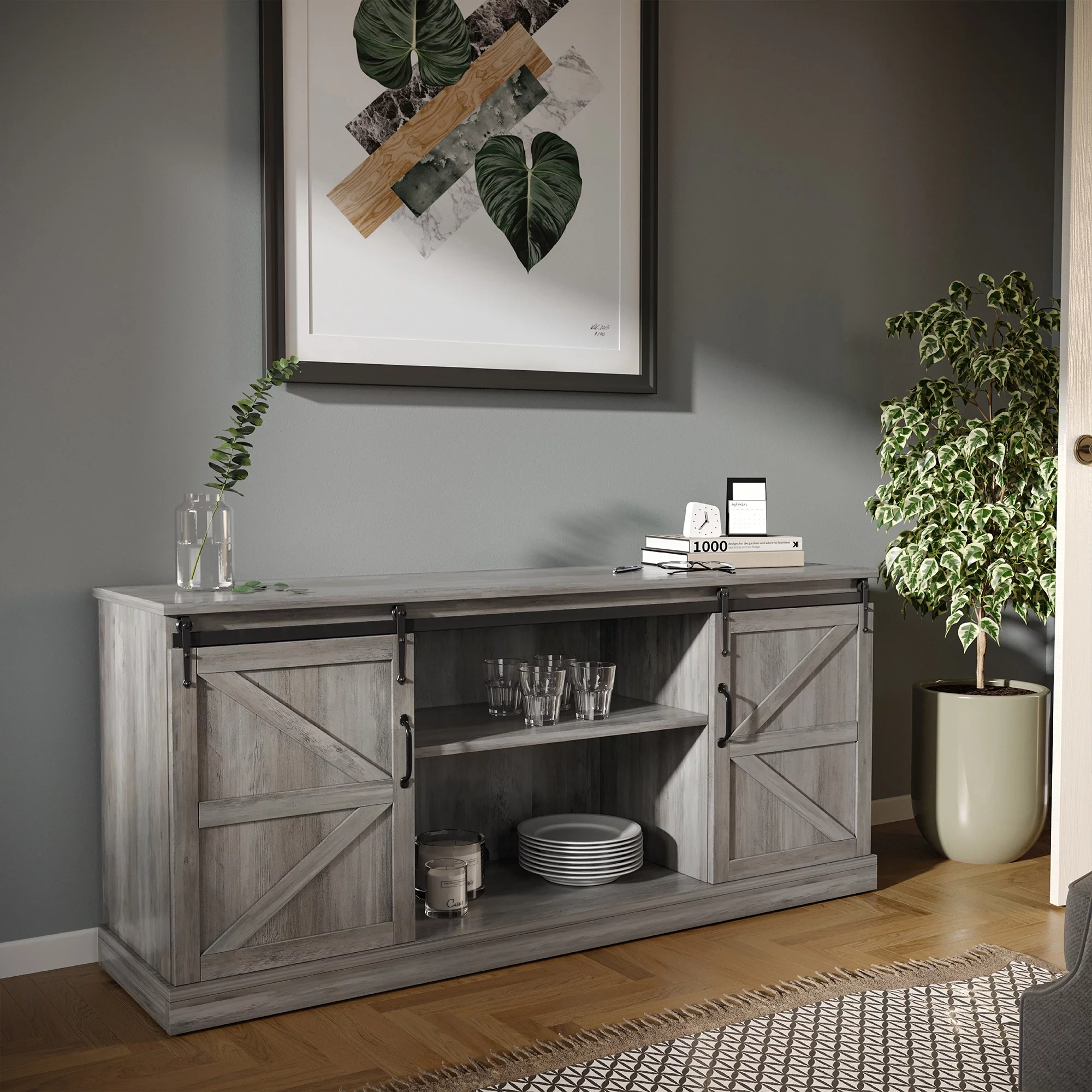 BELLEZE TV Stand Media Entertainment Center Console - Truman (Gray Wash)