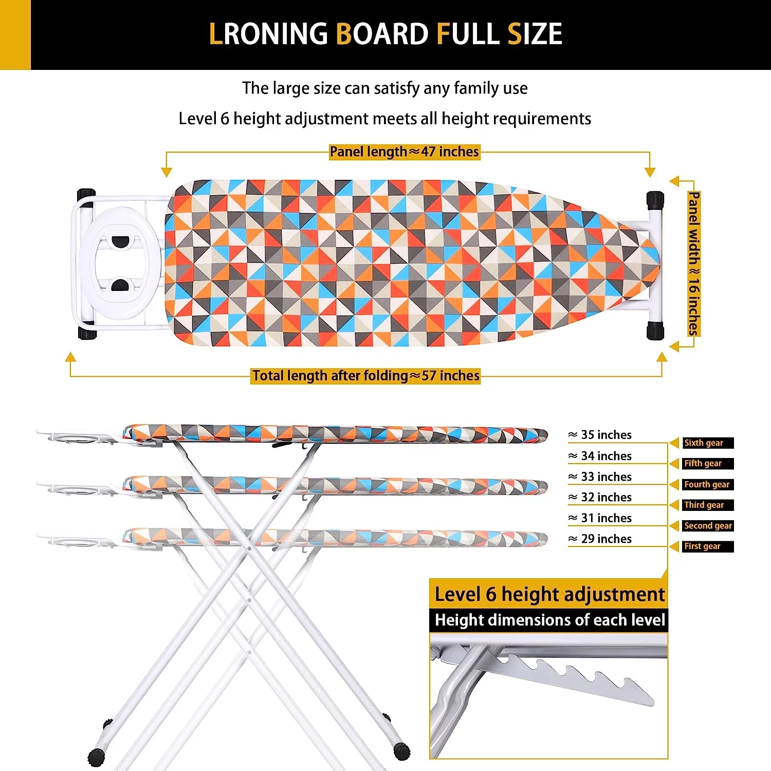 Foldable Ironing Board Full Size,Extra Wide Iron Board,Height Adjustable,Stable Structure,Easy to Fold,for Home Laundry Room or Dorm Use,57x15 inches