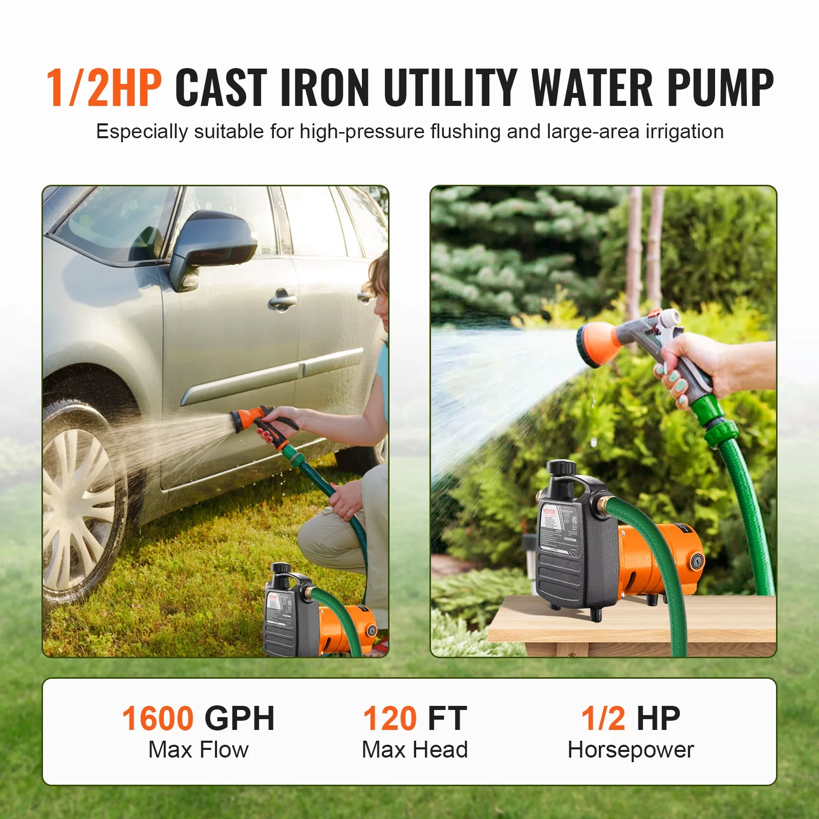 BENTISM 1/2HP 1600 GPHCast Iron Utility Water Transfer Pump Portable Utility Pump