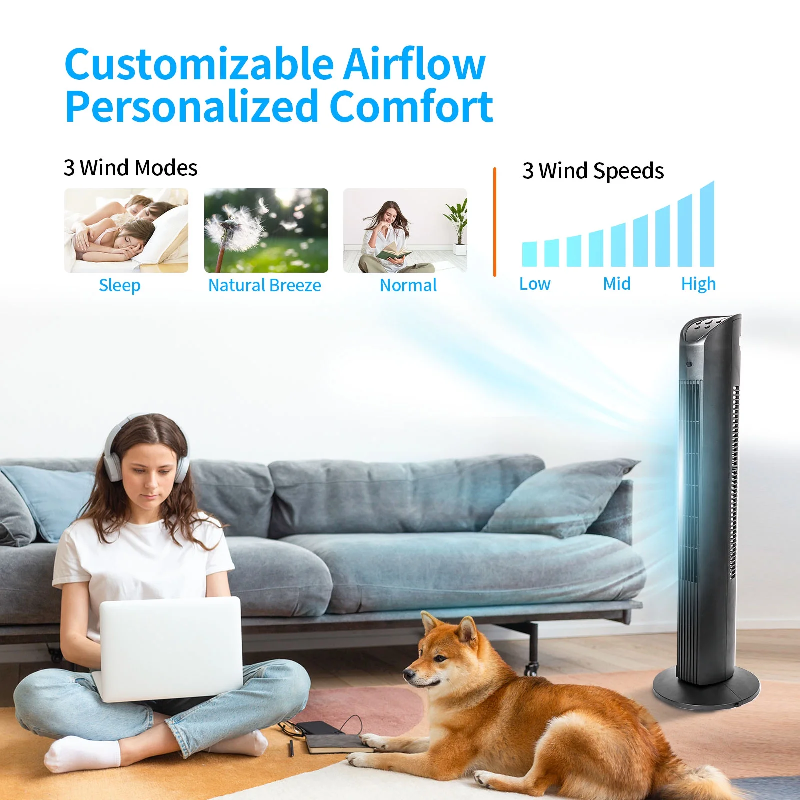 BEYOND BREEZE Tower Fan with Remote, 90�� Oscillating Bladeless Fan, 36 Inch, Quiet with 3 Speeds, 8H Timer, 3 Modes, Indoor Floor Fans for Home Bedroom Office Room, Black